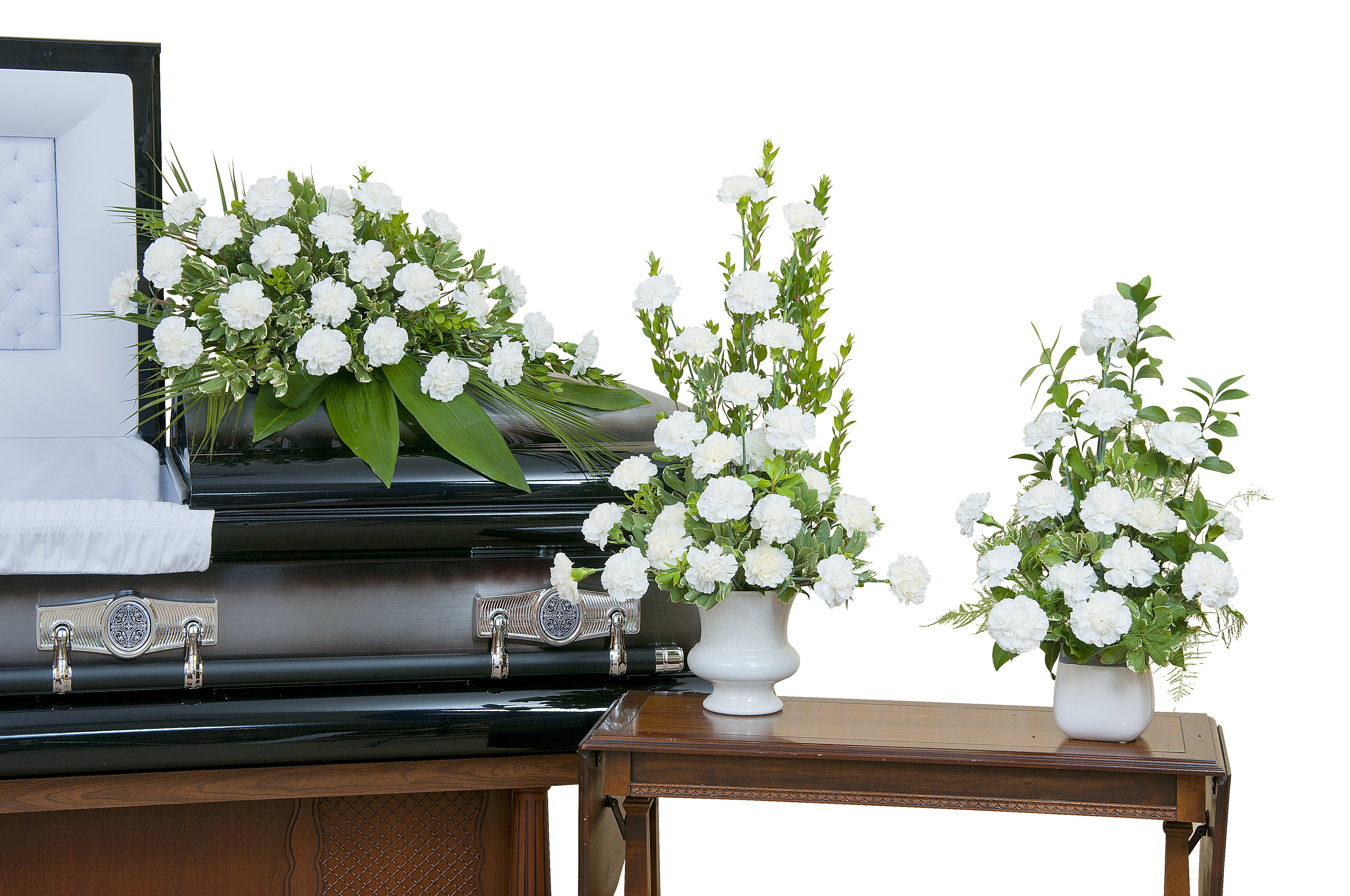 sympathy of carantions includes casket spray, urn  and  coordinating arrangement - White Carnation casket spray, urn and coordinating arrangement   can be done in other colors