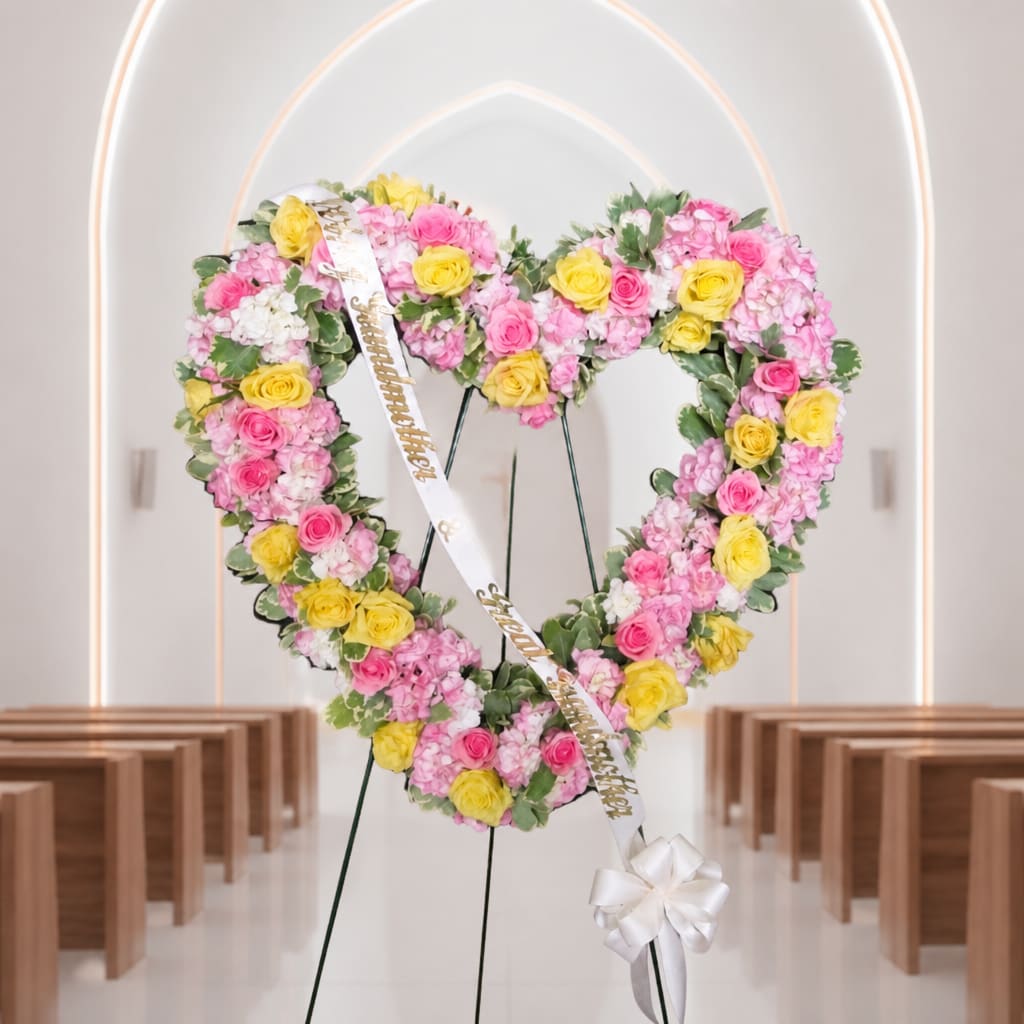 Heart-shaped floral wreath with pink and yellow roses on a stand