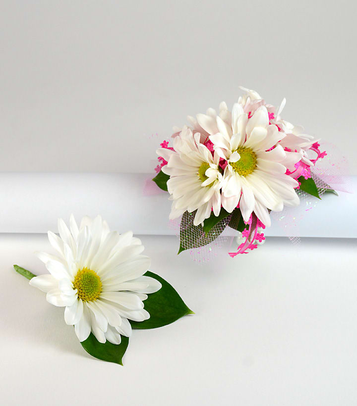 Two white daisy corsages with pink accents and green leaves