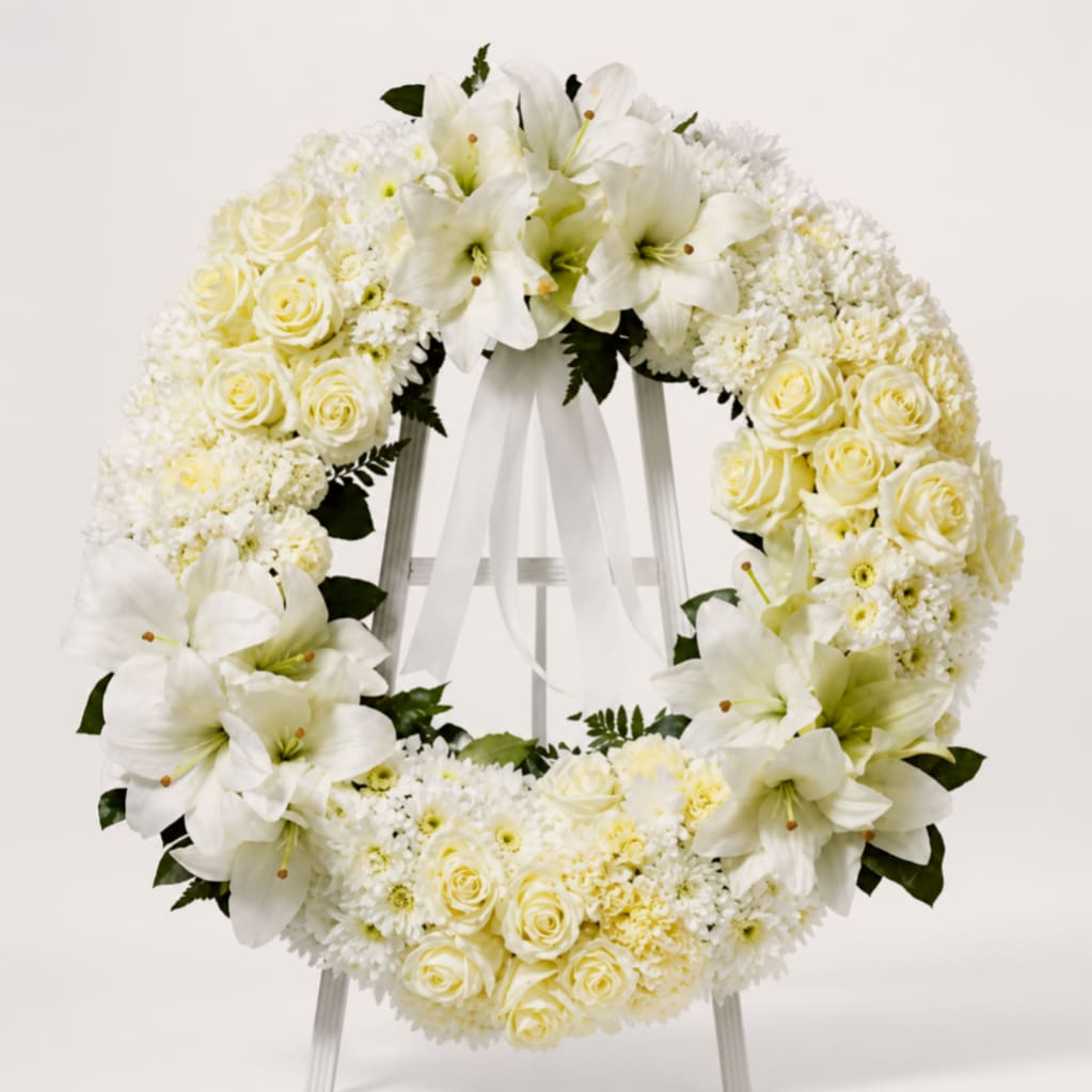 White floral wreath with roses and lilies on a stand