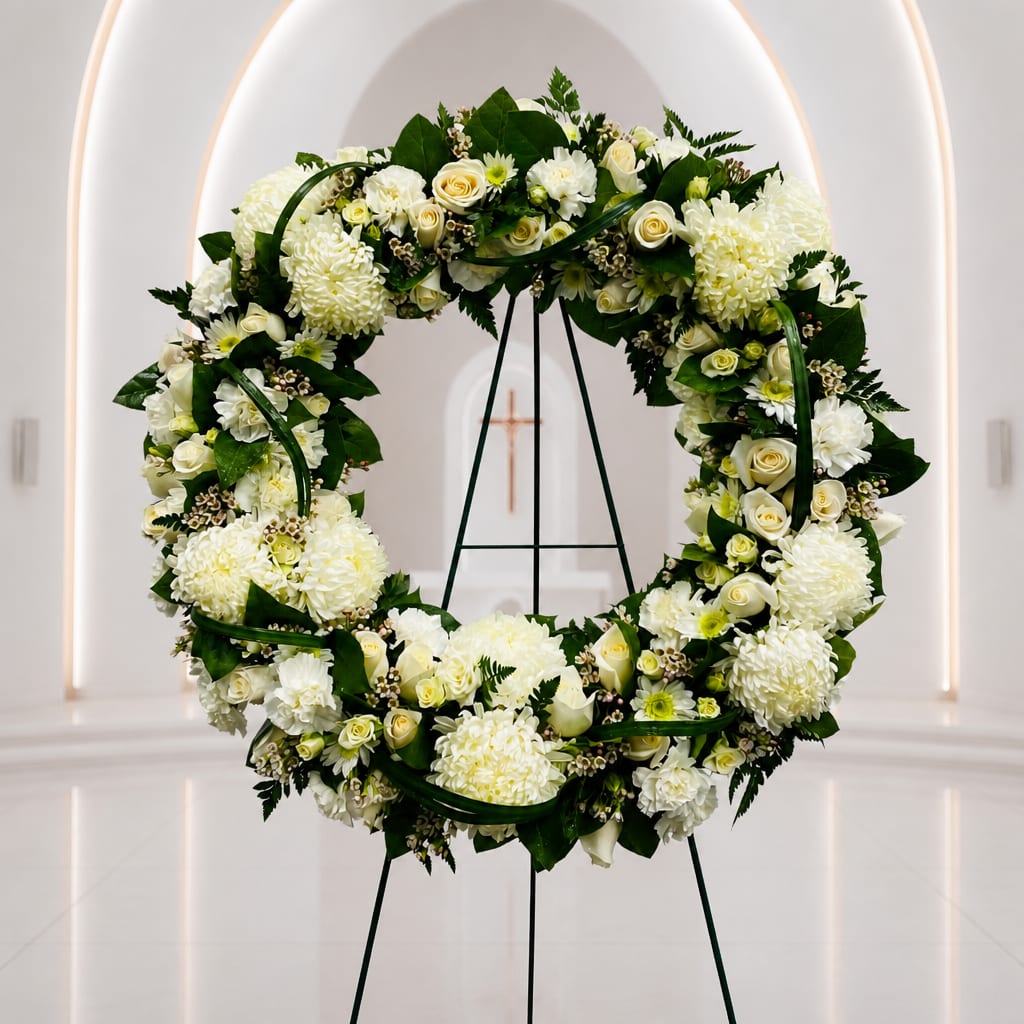 White floral wreath on a stand in a church interior