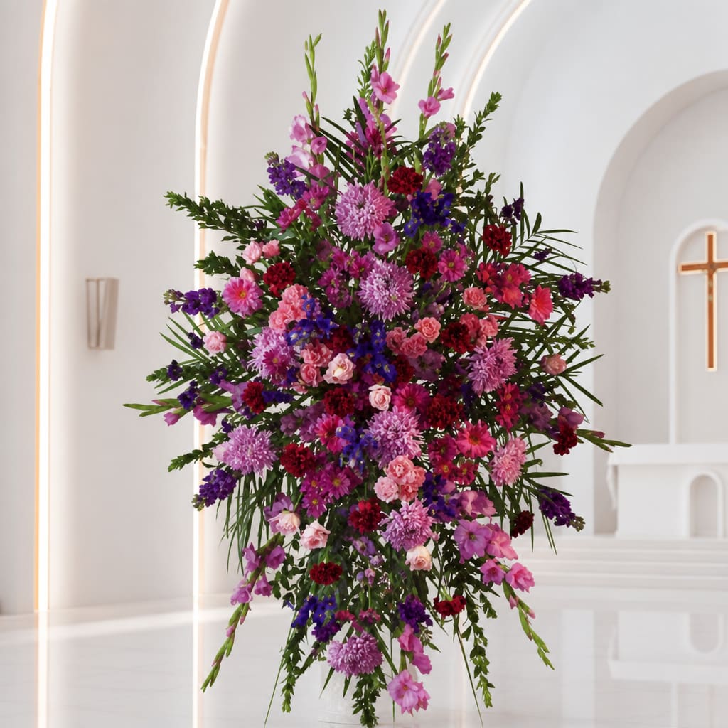 Large pink and purple floral spray in a church interior