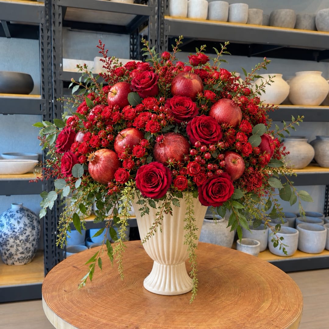 Red roses and apples arranged in a cream vase