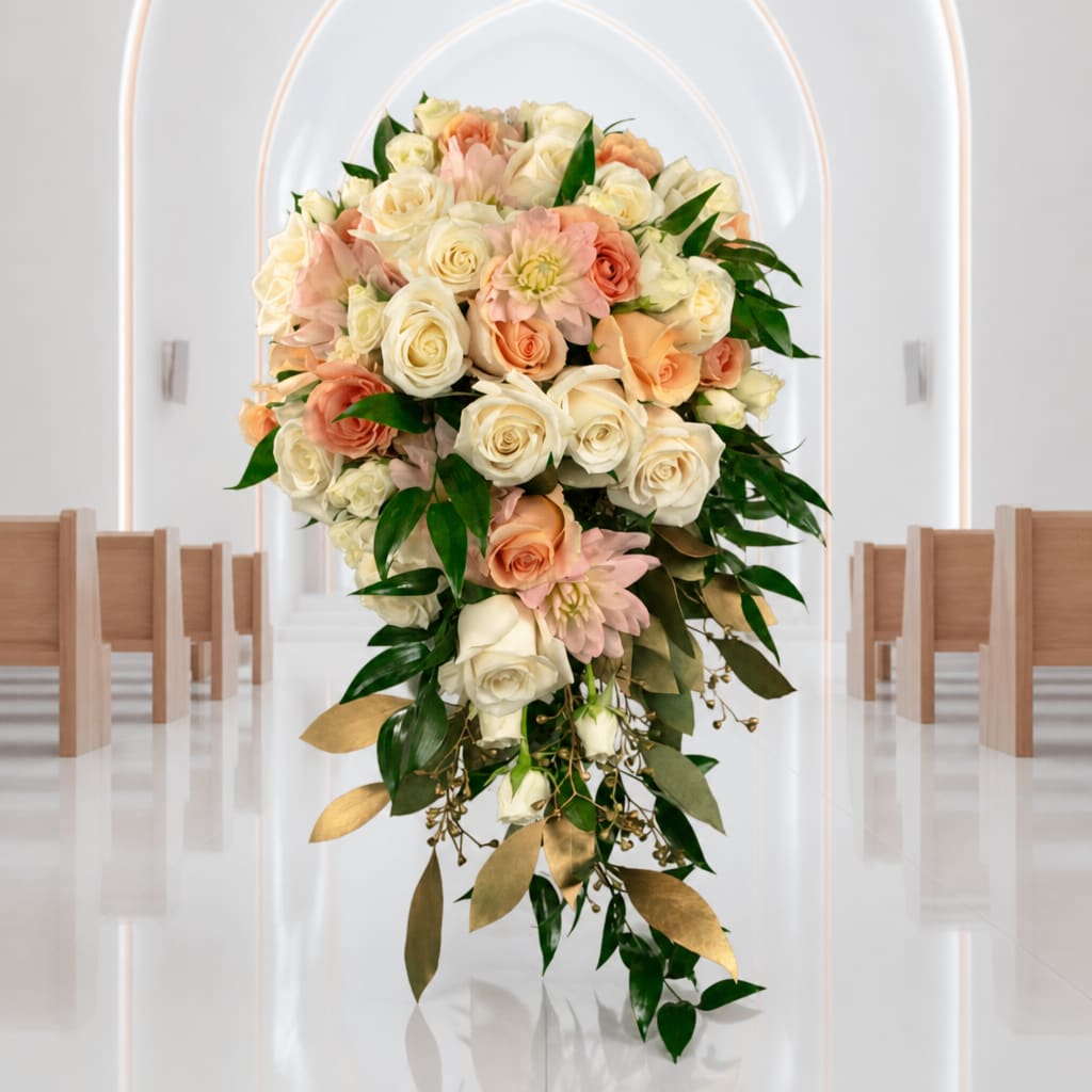 Cascade bouquet of cream and peach roses with pink flowers and greenery