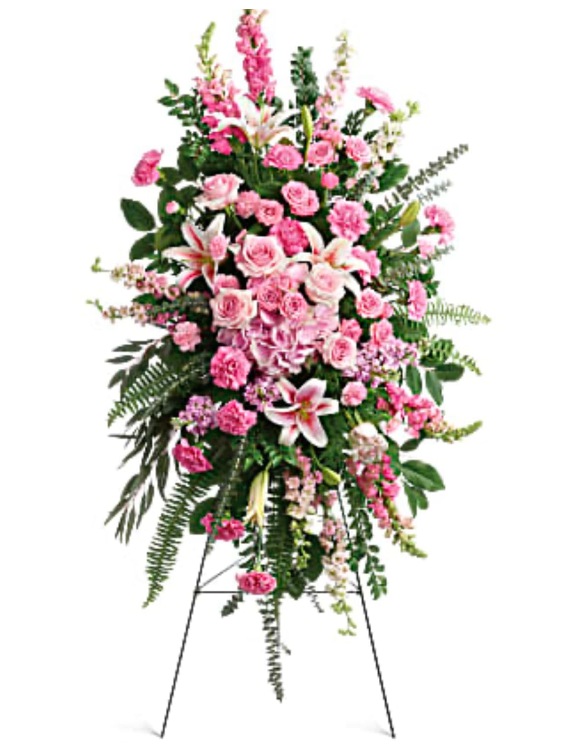 Tall pink and white funeral spray on a stand