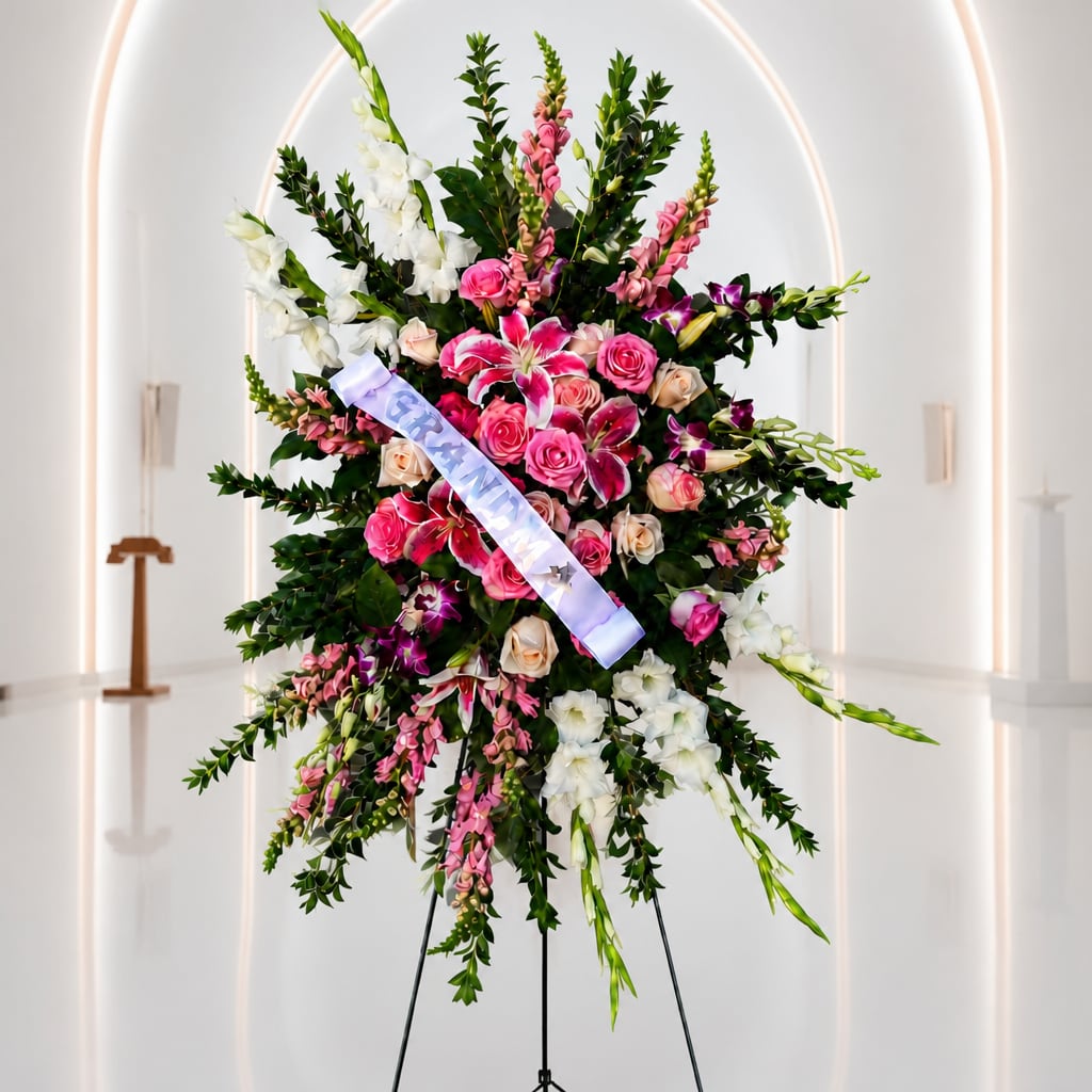 Large standing floral spray with pink and white flowers on an easel