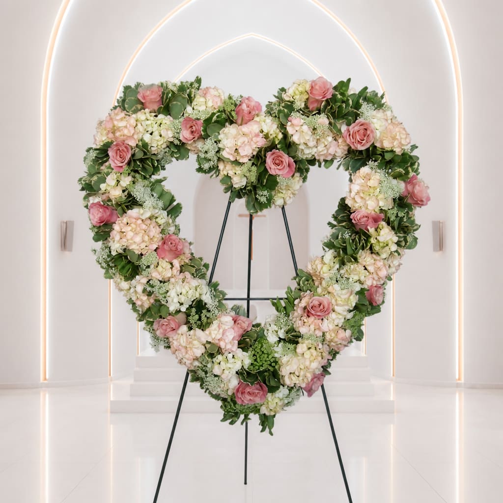 Heart-shaped floral wreath with pink roses and pale hydrangeas on a stand