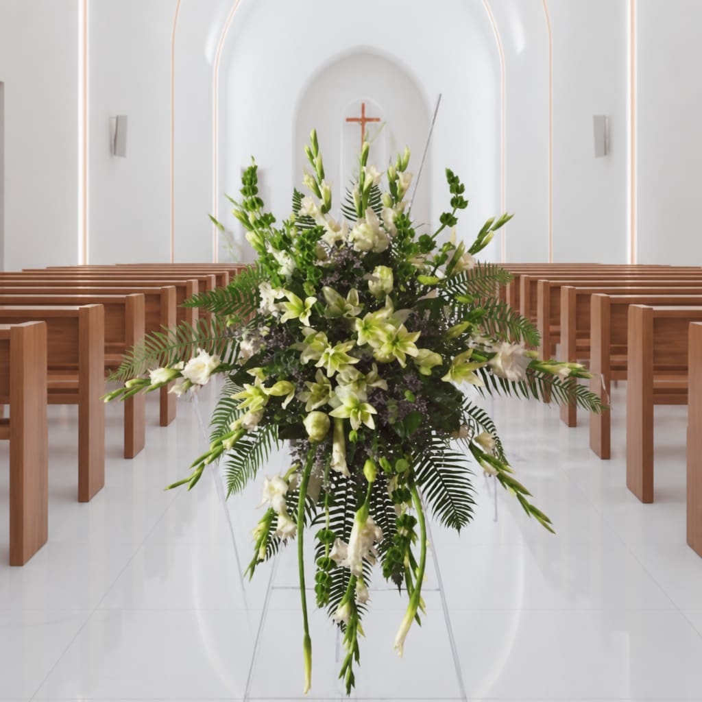 Tall white and green floral arrangement in a church aisle