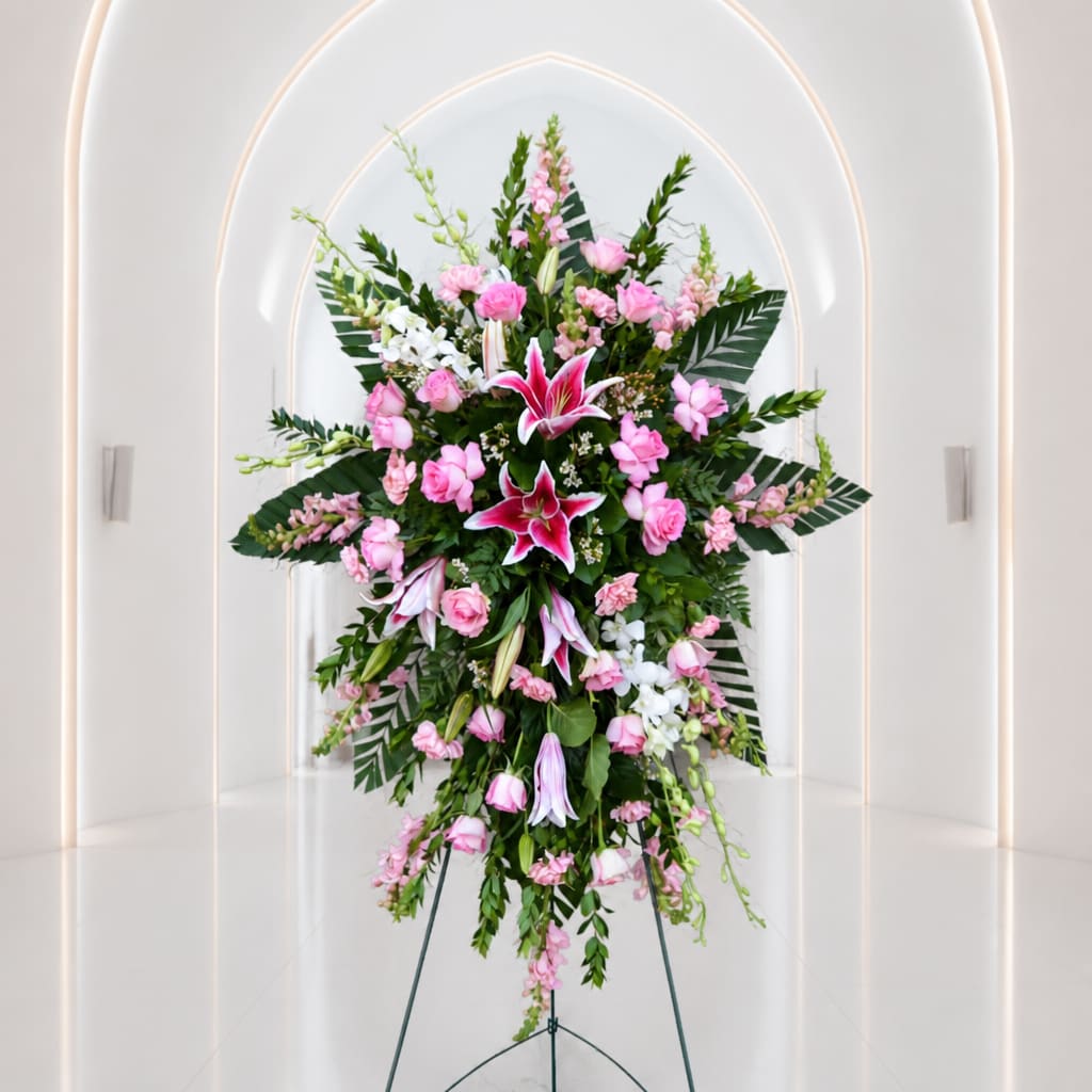 Tall pink and white floral standing spray on an easel