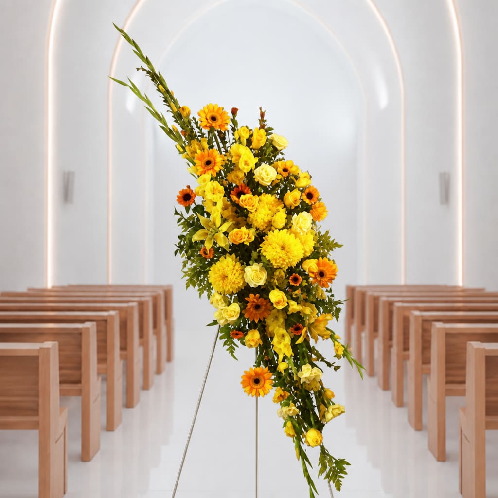Tall yellow and orange floral spray on a stand in a church aisle
