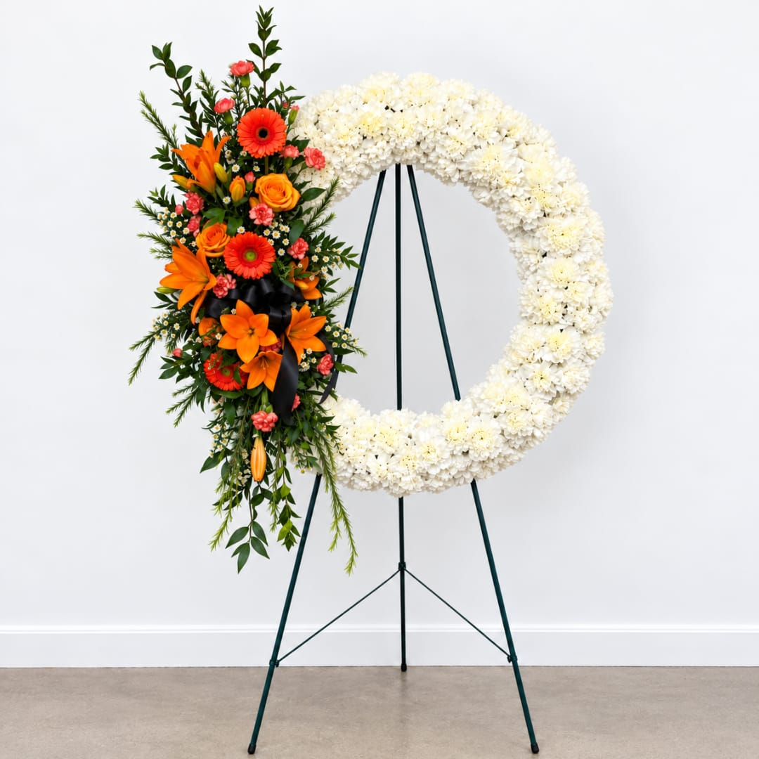 Standing floral wreath with white blooms and an orange mixed spray on the left