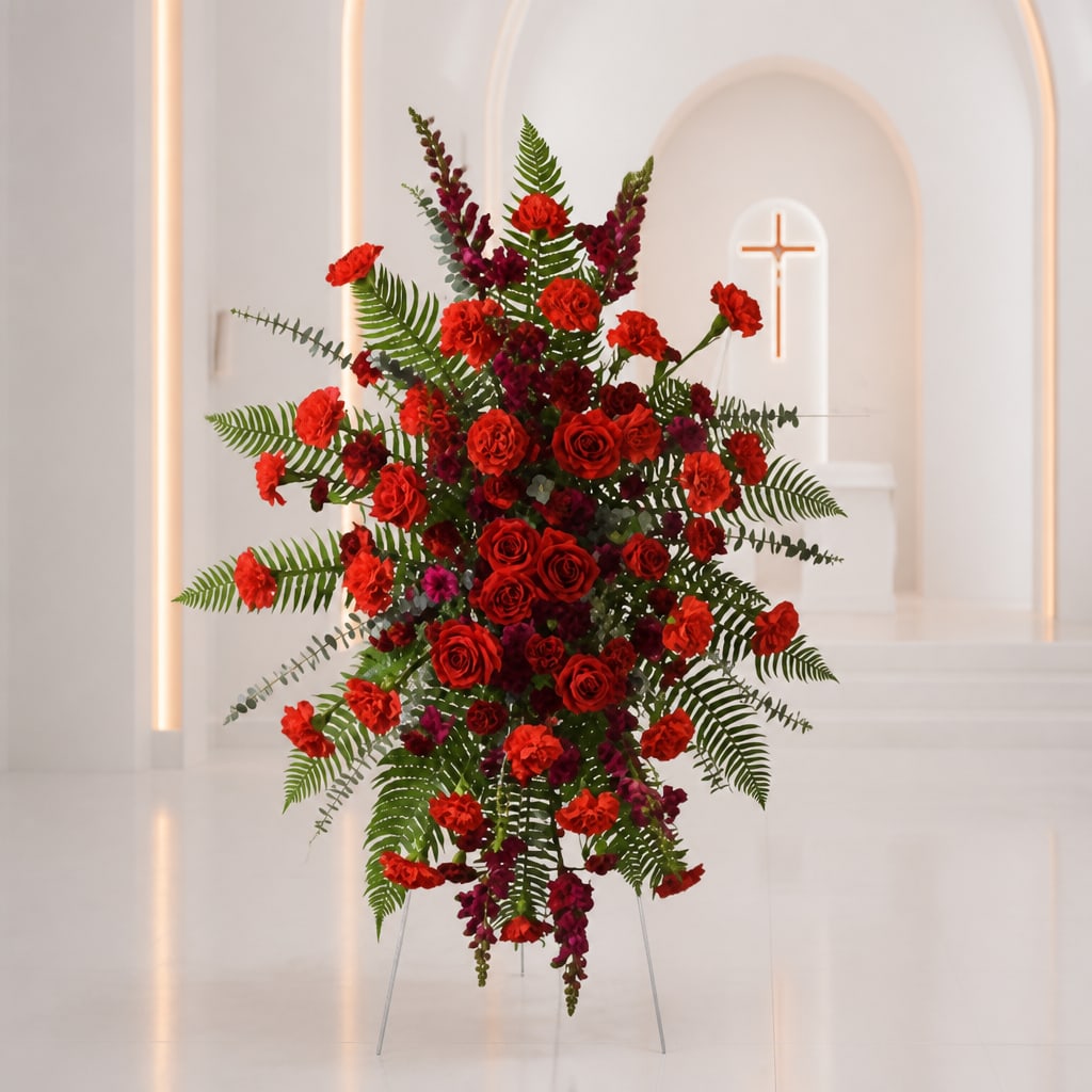 Tall red floral spray on a stand with fern foliage in a white chapel setting