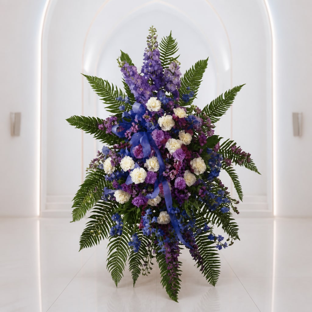 Tall purple and white floral arrangement with fern fronds and blue ribbon