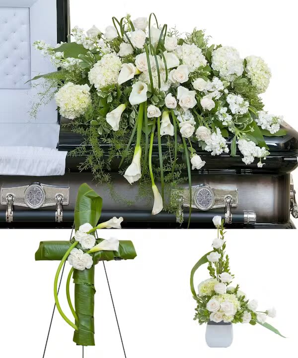 ELEGANCE TRIO - Elegant white casket spray, wreath, and tribute.  The Elegance Trio from Morningside Florist in Sacramento, CA, presents a refined and graceful expression of love and remembrance. This set, consisting of a casket spray, a standing cross, and a complementary vase arrangement, is designed with a serene palette of white and soft greens, evoking a sense of peace and tranquility during times of reflection and mourning.  White roses, synonymous with reverence and innocence, and calla lilies, representing majestic beauty and purity, are the focal points of these arrangements. Accented with lush hydrangeas and delicate sprays of greenery, the Elegance Trio encapsulates a dignified homage to a cherished life. The fluid lines of greenery and floral design suggest a continuity of life and the enduring nature of memories.  Choosing the Elegance Trio from Morningside Florist means selecting a symbol of sophistication and heartfelt sentiment. Their commitment to quality and sensitivity to expressing sympathy is evident in every petal and leaf. This collection from Morningside Florist is not just a visual comfort to the bereaved but also a noble tribute to the timeless beauty of a life well-lived.