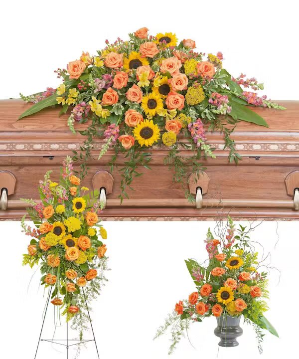 HEAVEN'S SUNSET TRIO - Includes a casket spray, standing spray and urn design in the beautiful colors of a sunset.  