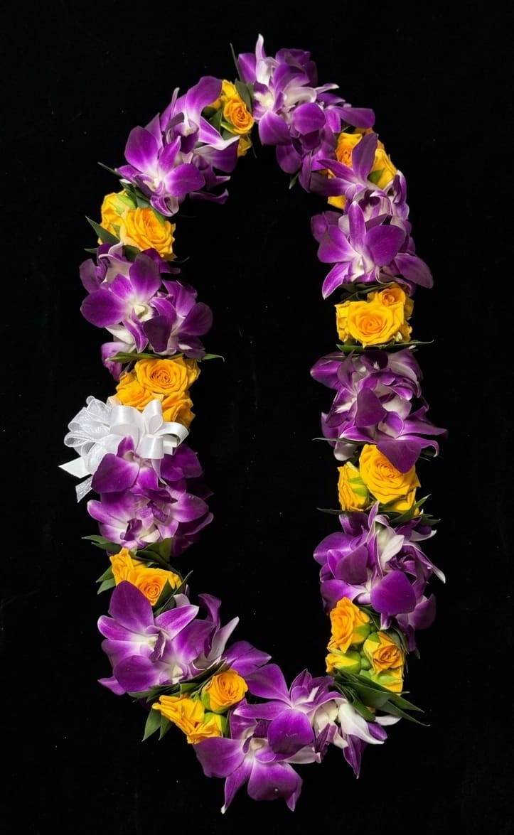 Purple orchid and yellow rose lei on a black background
