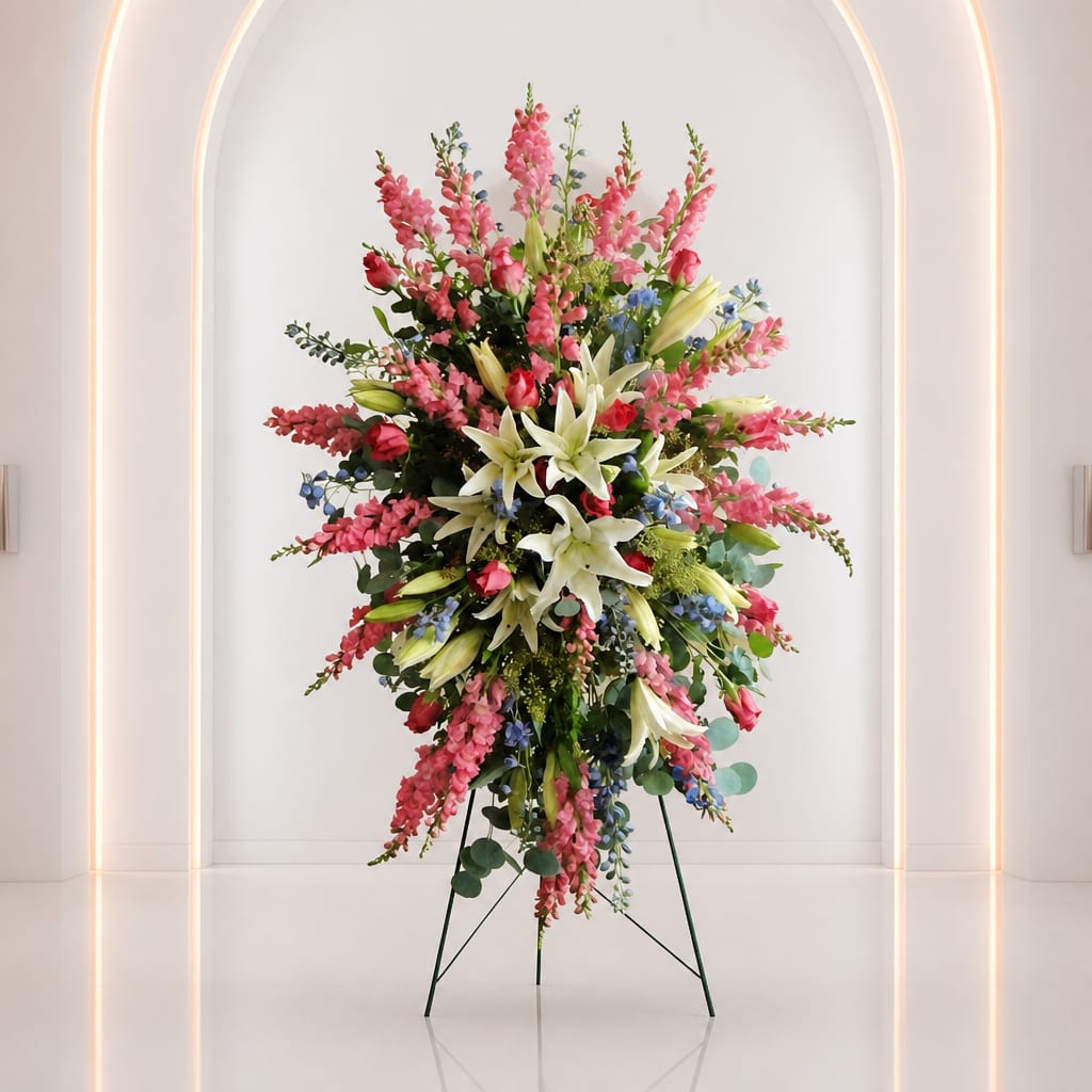 Tall standing floral arrangement with pink, white, and blue flowers on a metal easel