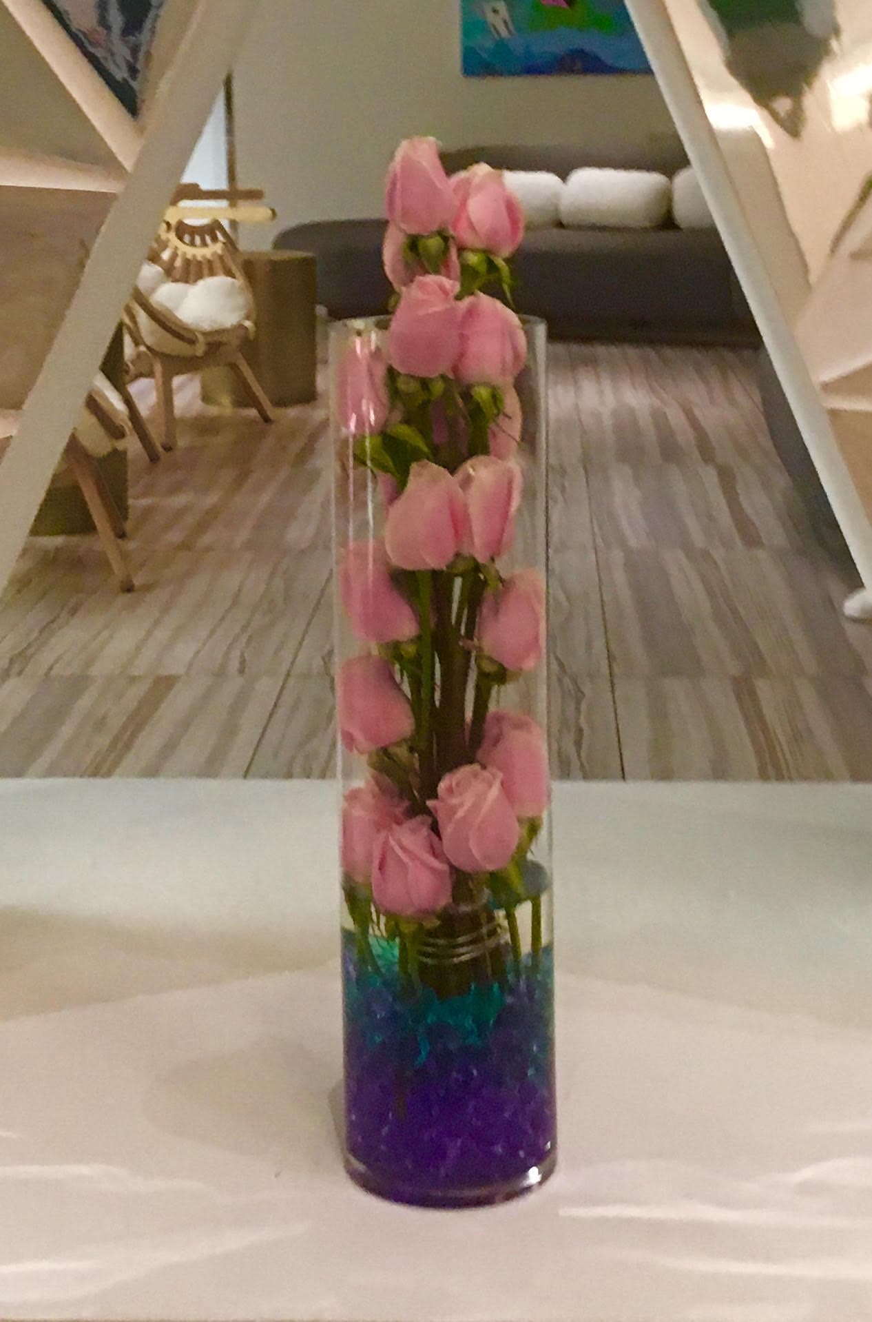 Pink Present - Roses in tall cylinder vase