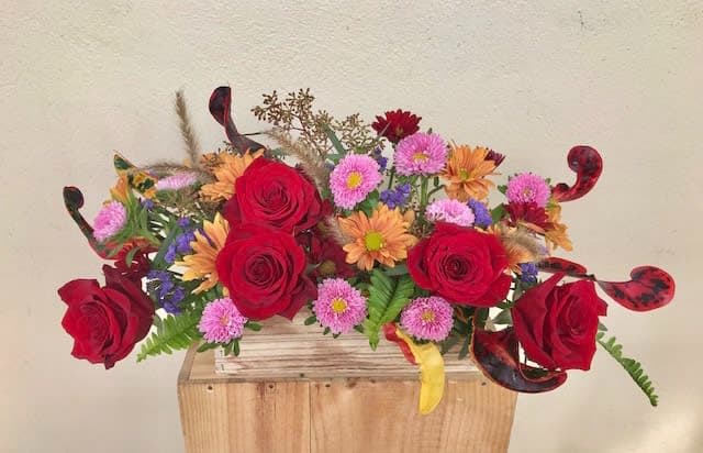 Autumn Flower Box - Roses, Mums , Astras , green in rectangular 12” wooden box 