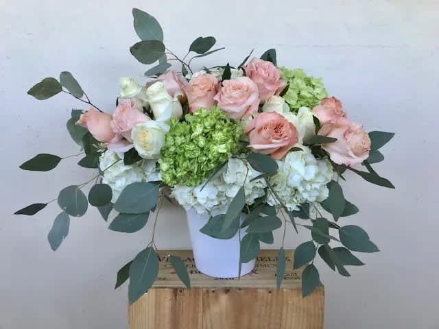 Night Romance  - Mixed color Roses , Hydrangeas in white ceramic container