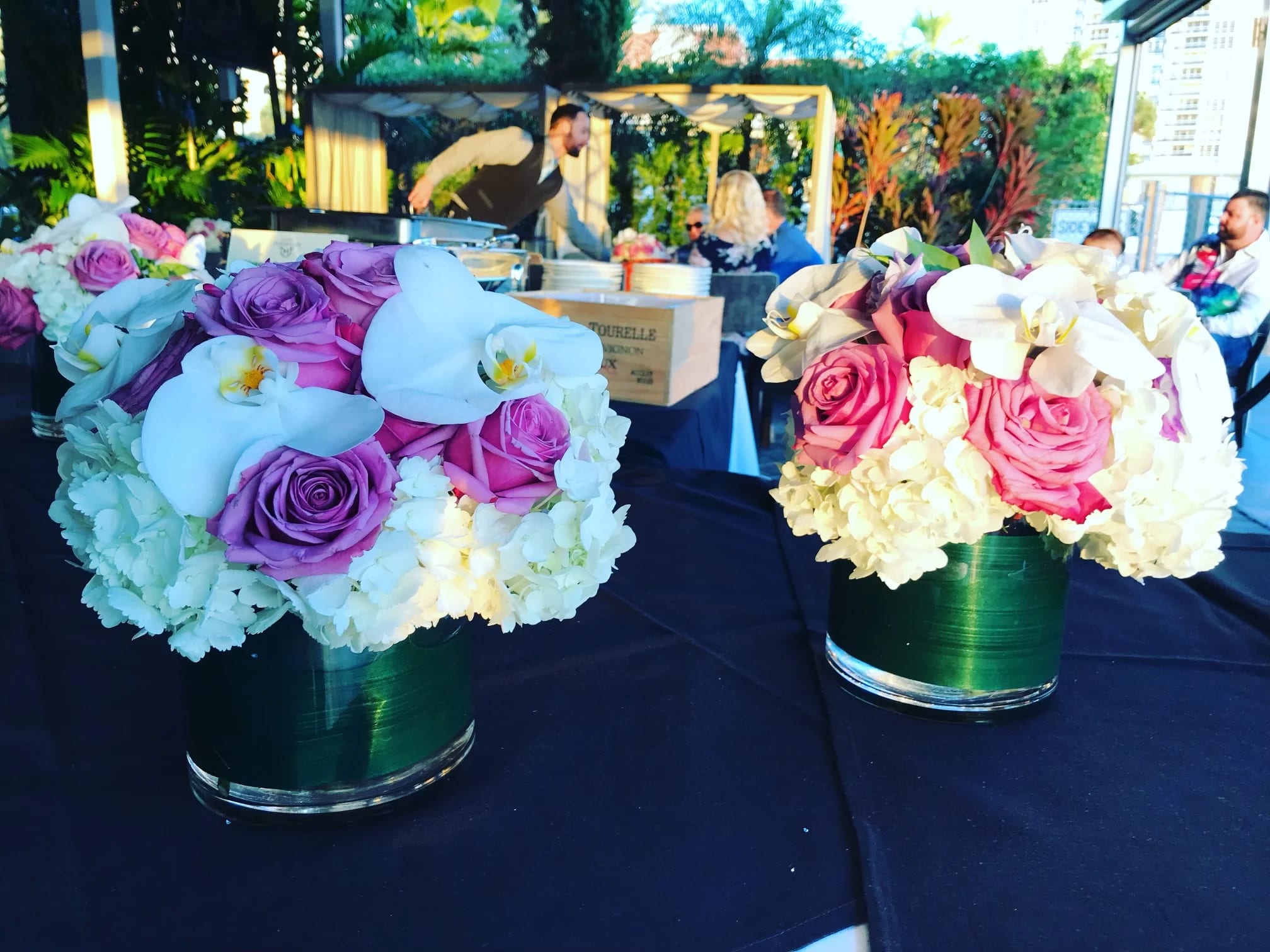 Private party in Mastros  - Orchid blooms, Roses, Hydrangeas in6x6 vase $95 each 
