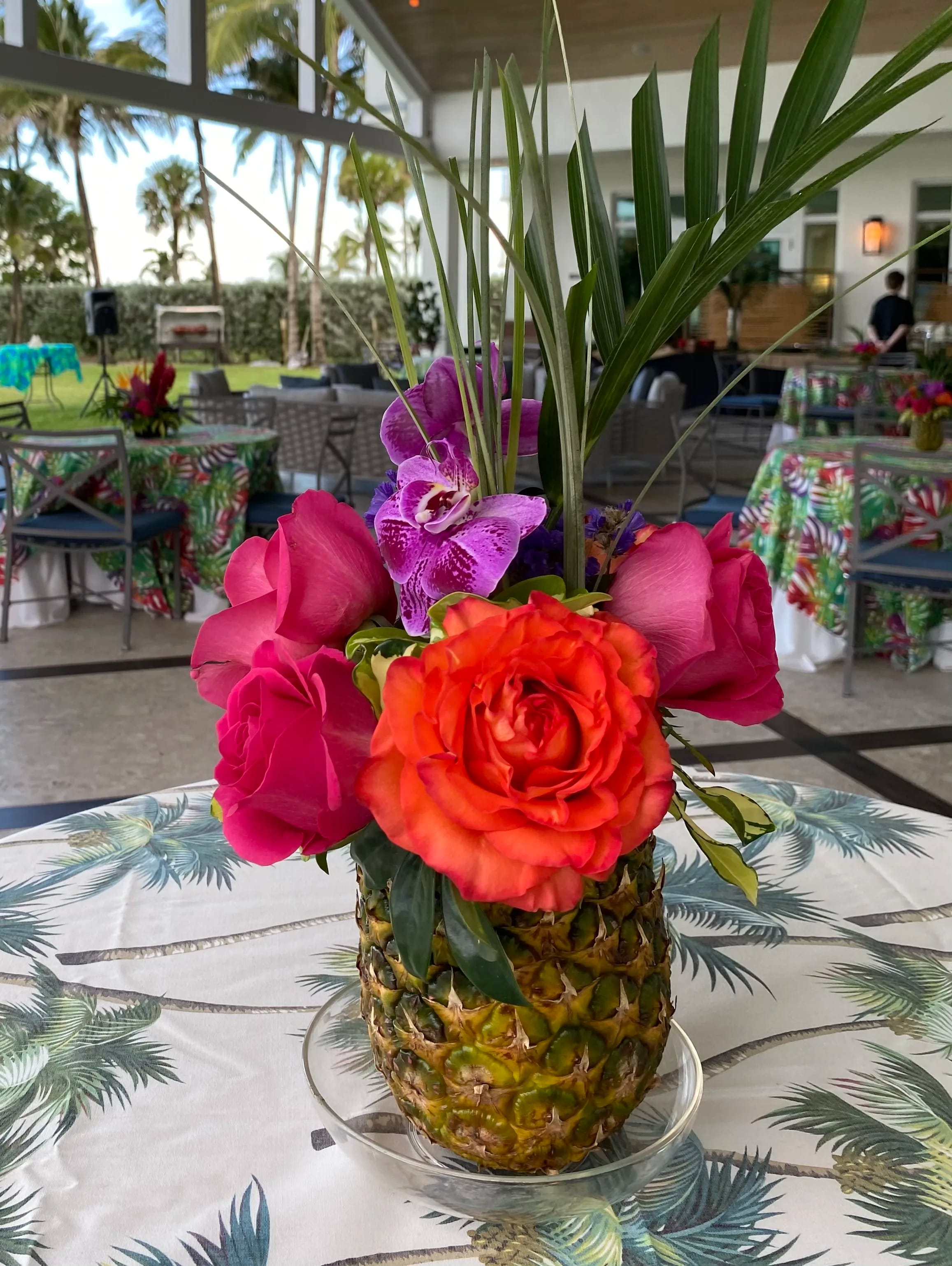 Pineapple arrangement for Sea Ranch Beach Club  - Pineapple, Roses, Orchids, green 