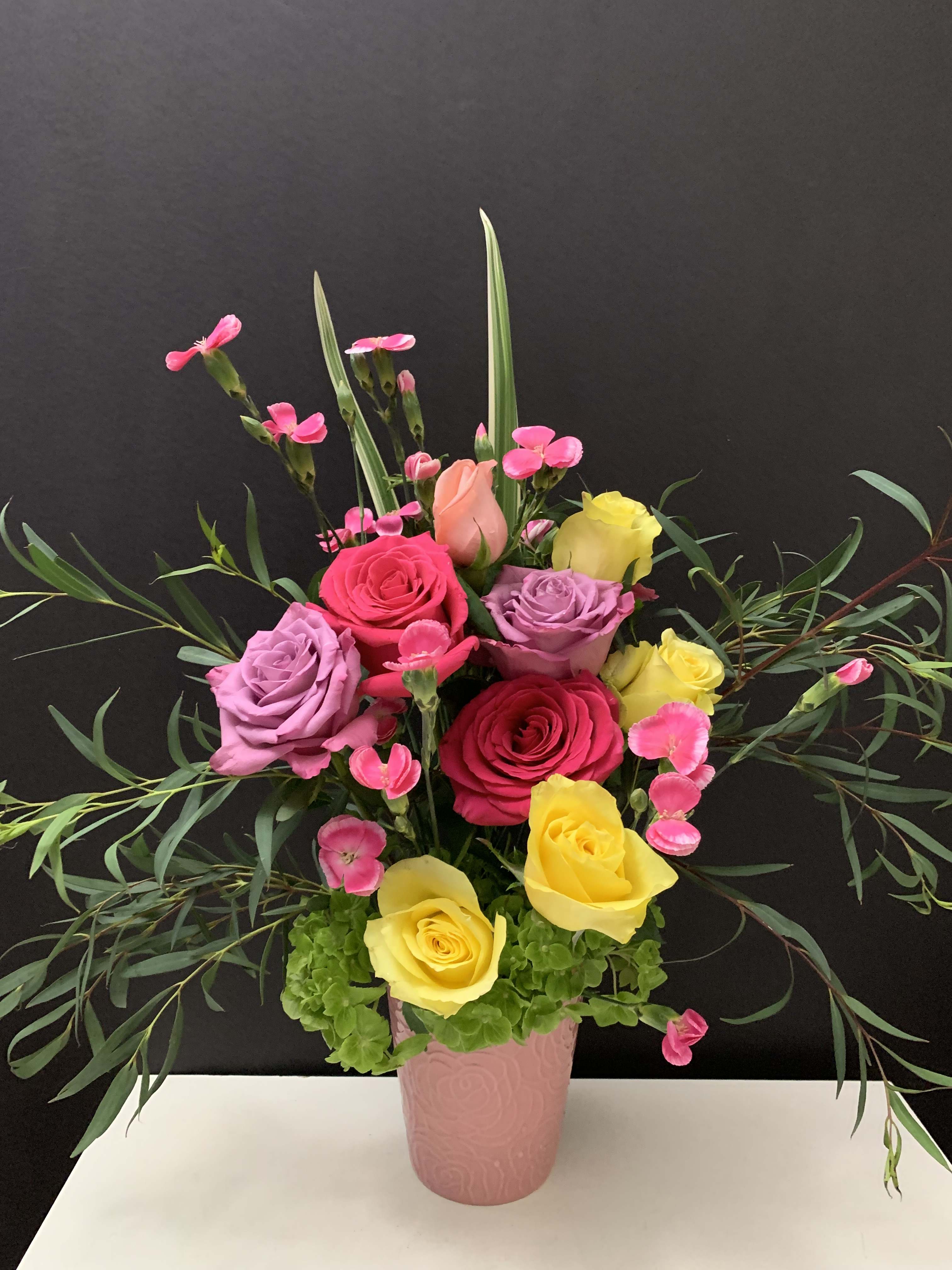 Rainbow Pot - Roses,Hydrangeas, green 
