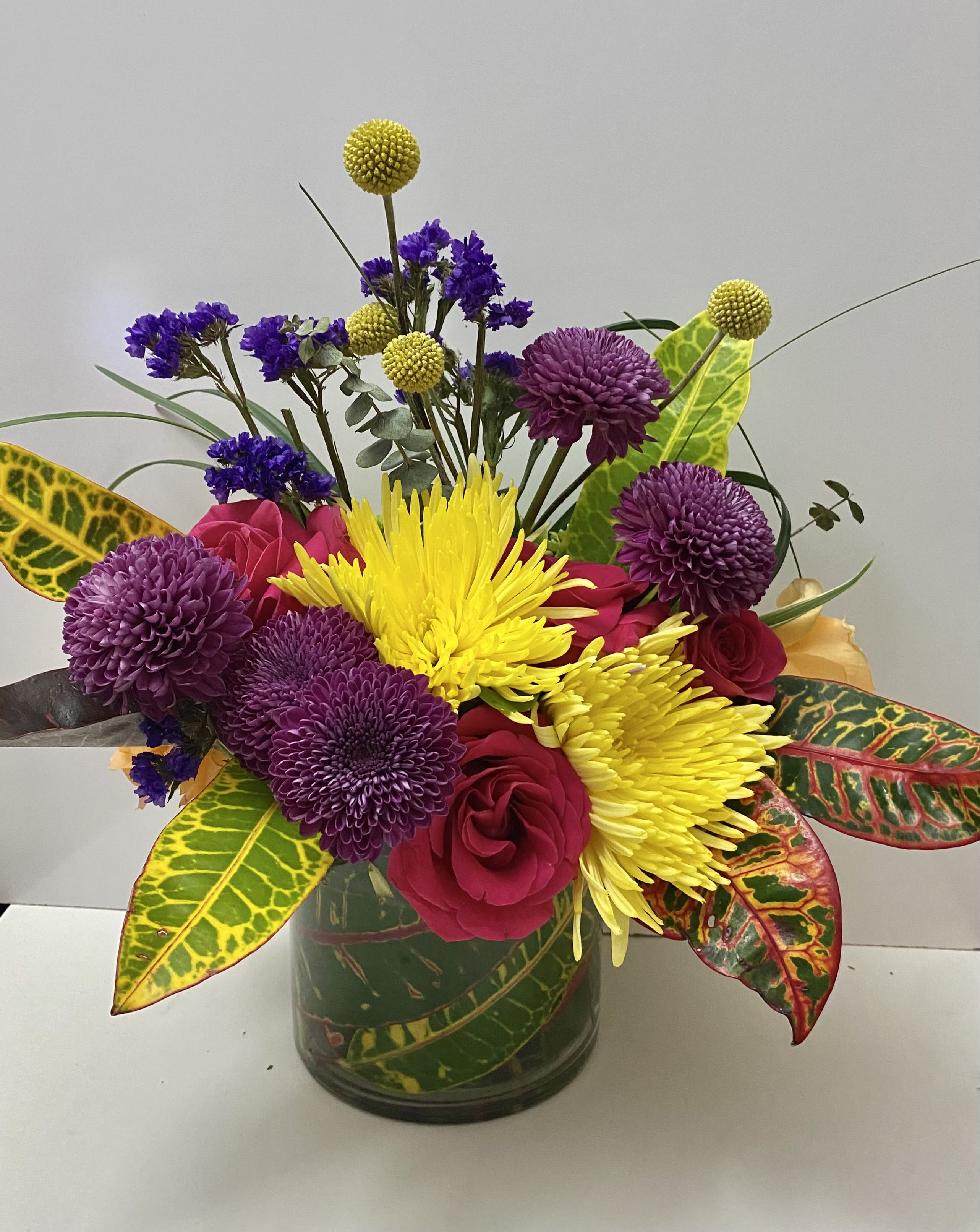 Seasons Waiting  - Roses, Chrysanthemums, filler in 6x6 cylinder glass vase 