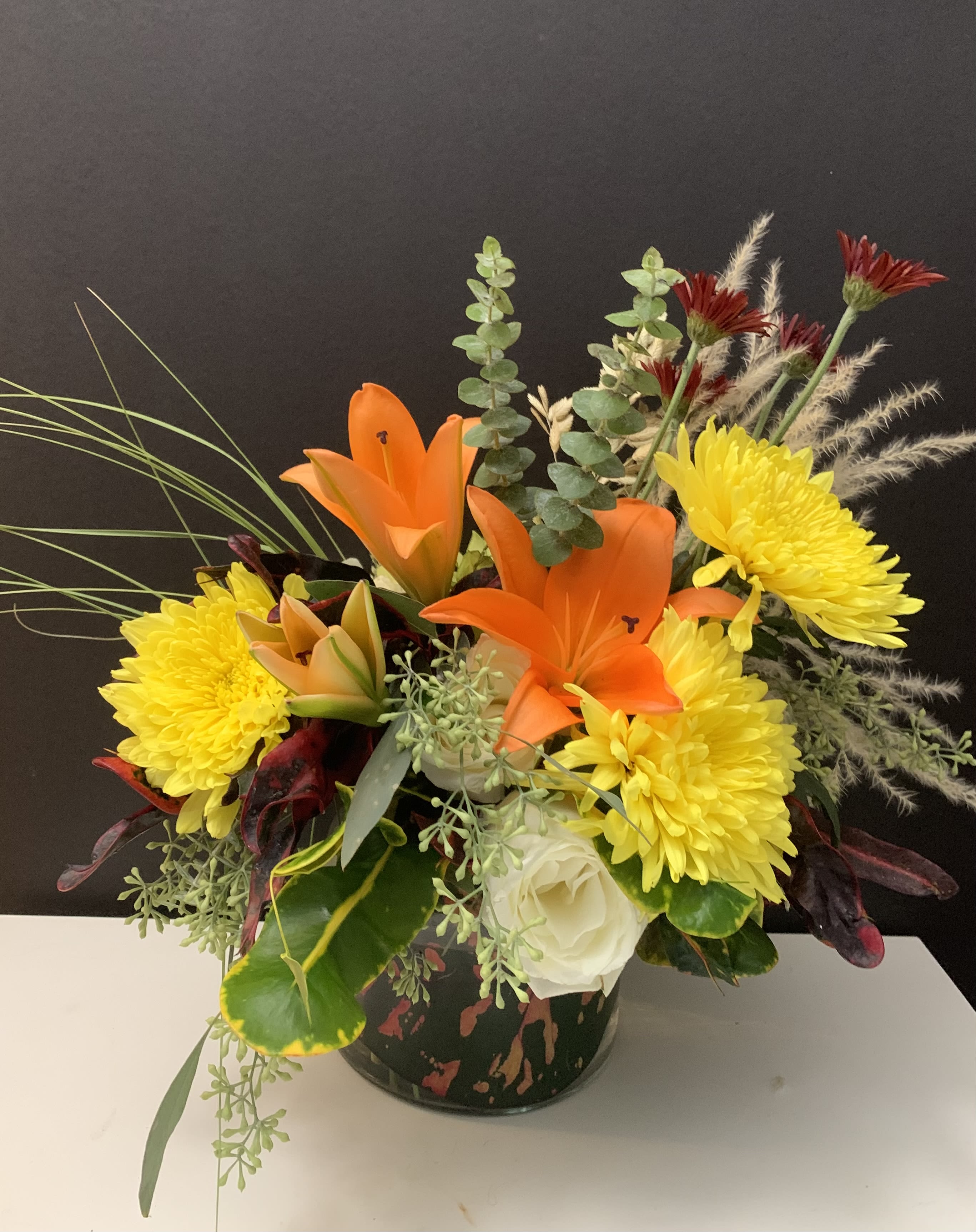 Season’s Arrivals  - Mums , Eucalyptus, green , Lilies 