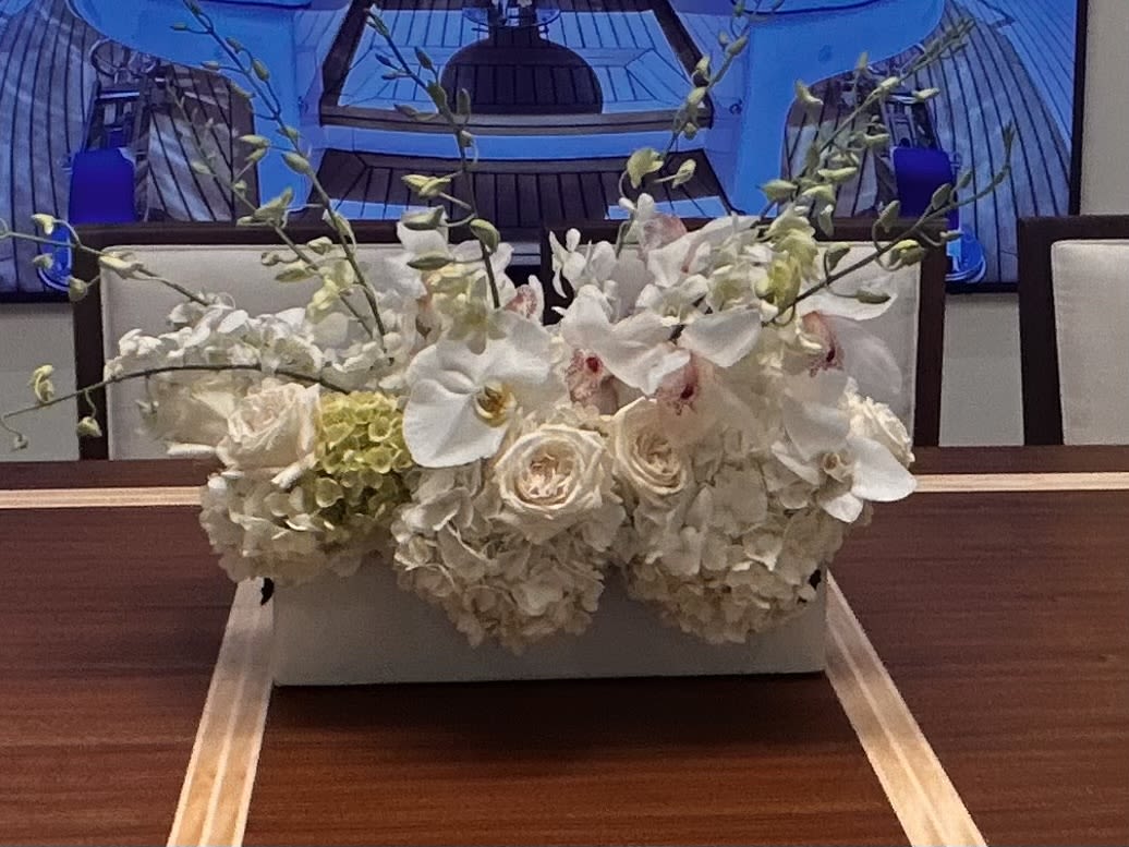 Flowers for yachts  - Hydrangeas, Roses, Orchid blooms in rectangular ceramic container 