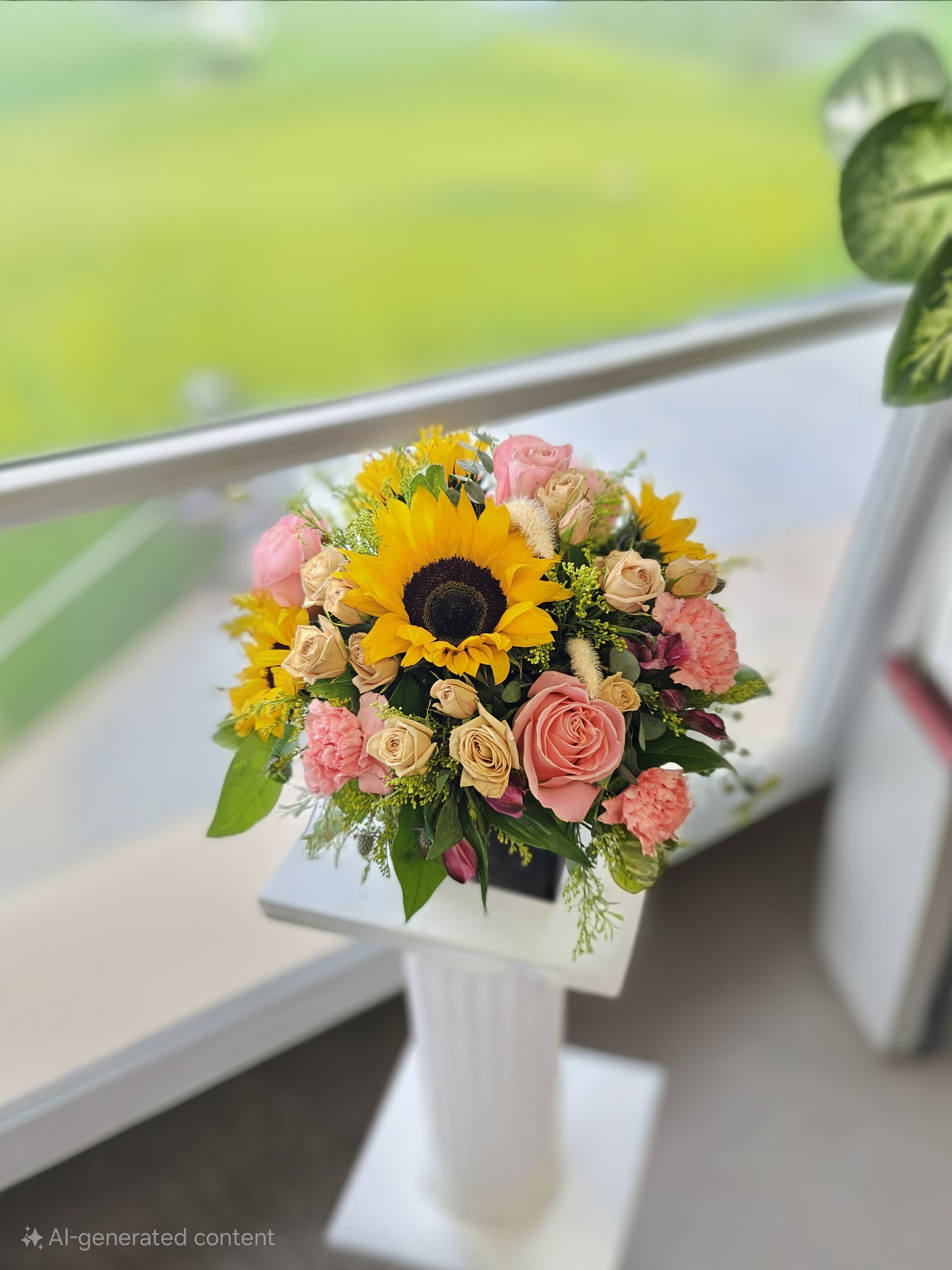Bouquet with a sunflower, pink roses, and beige spray roses