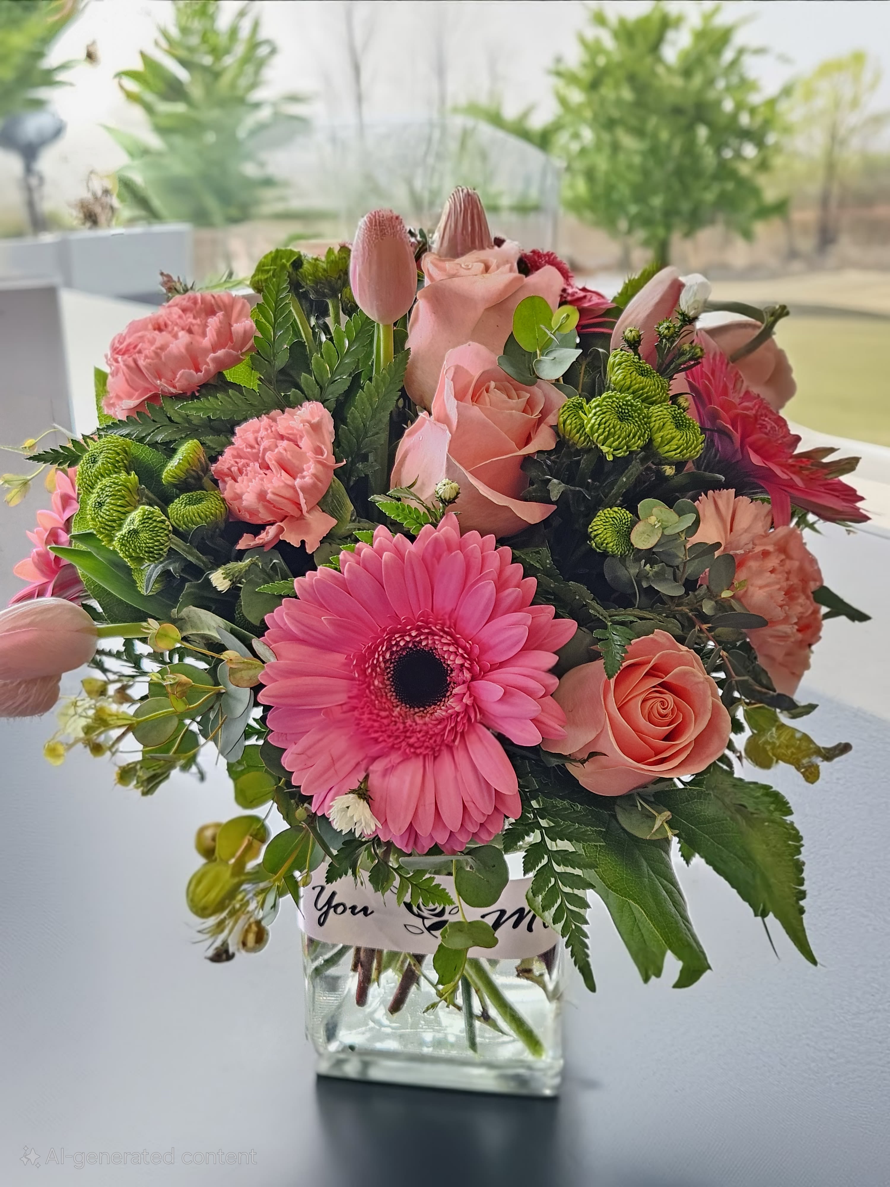 Pink and peach mixed bouquet in a clear glass vase