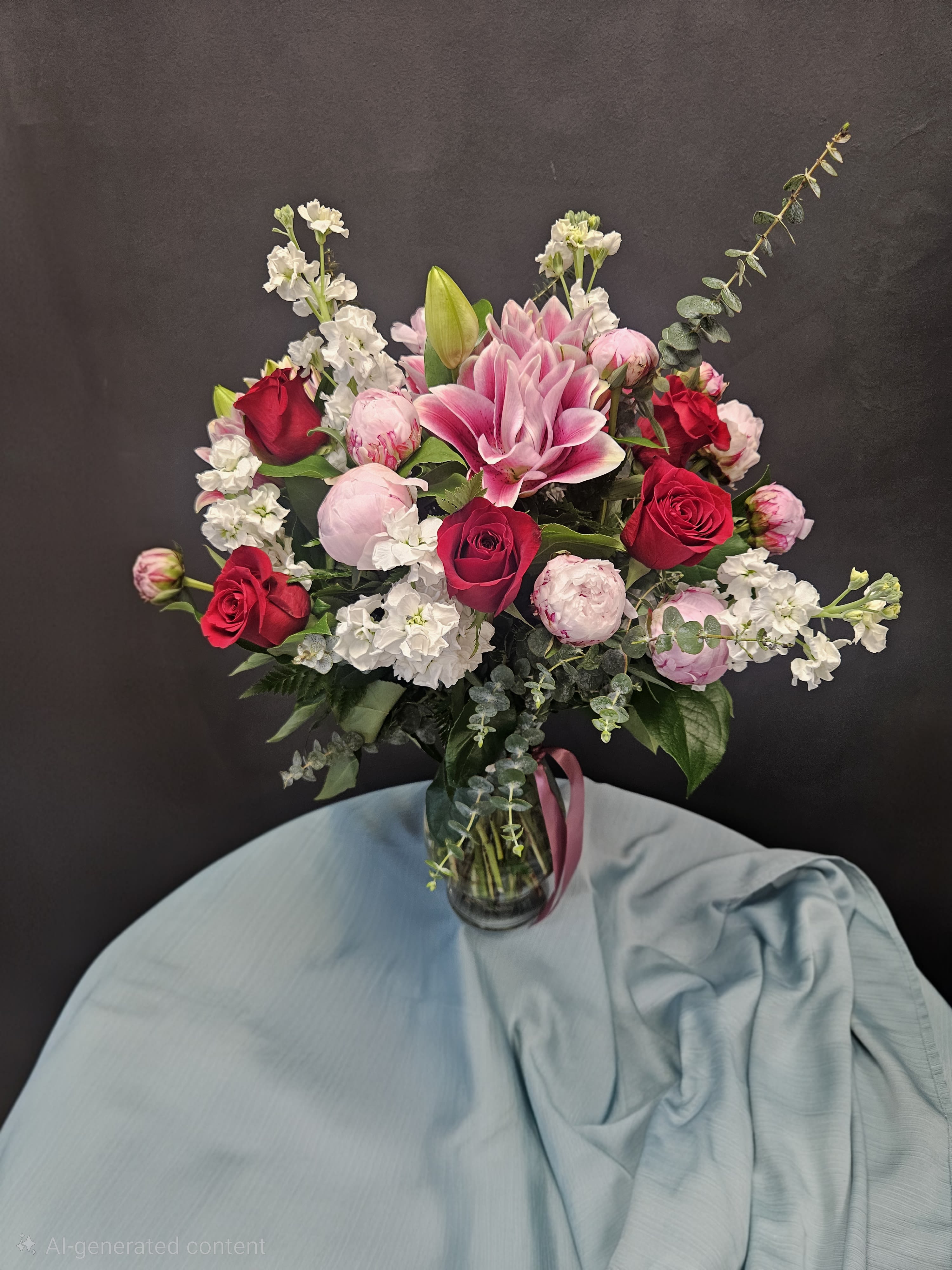 Pink and red roses with lilies in a glass vase