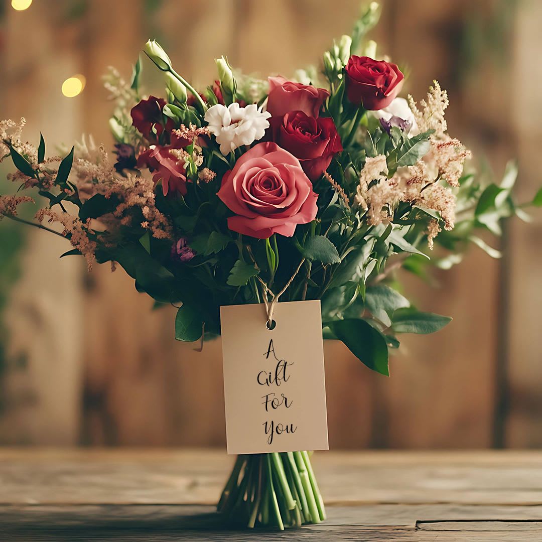 Gift card design with a pink and red rose bouquet and a tag reading A gift for you