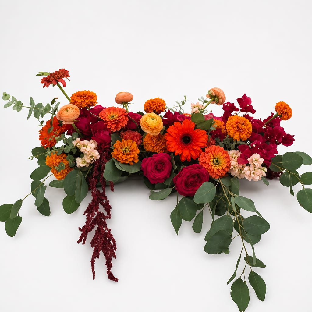 Long low arrangement of orange, red, and pink flowers with trailing greenery