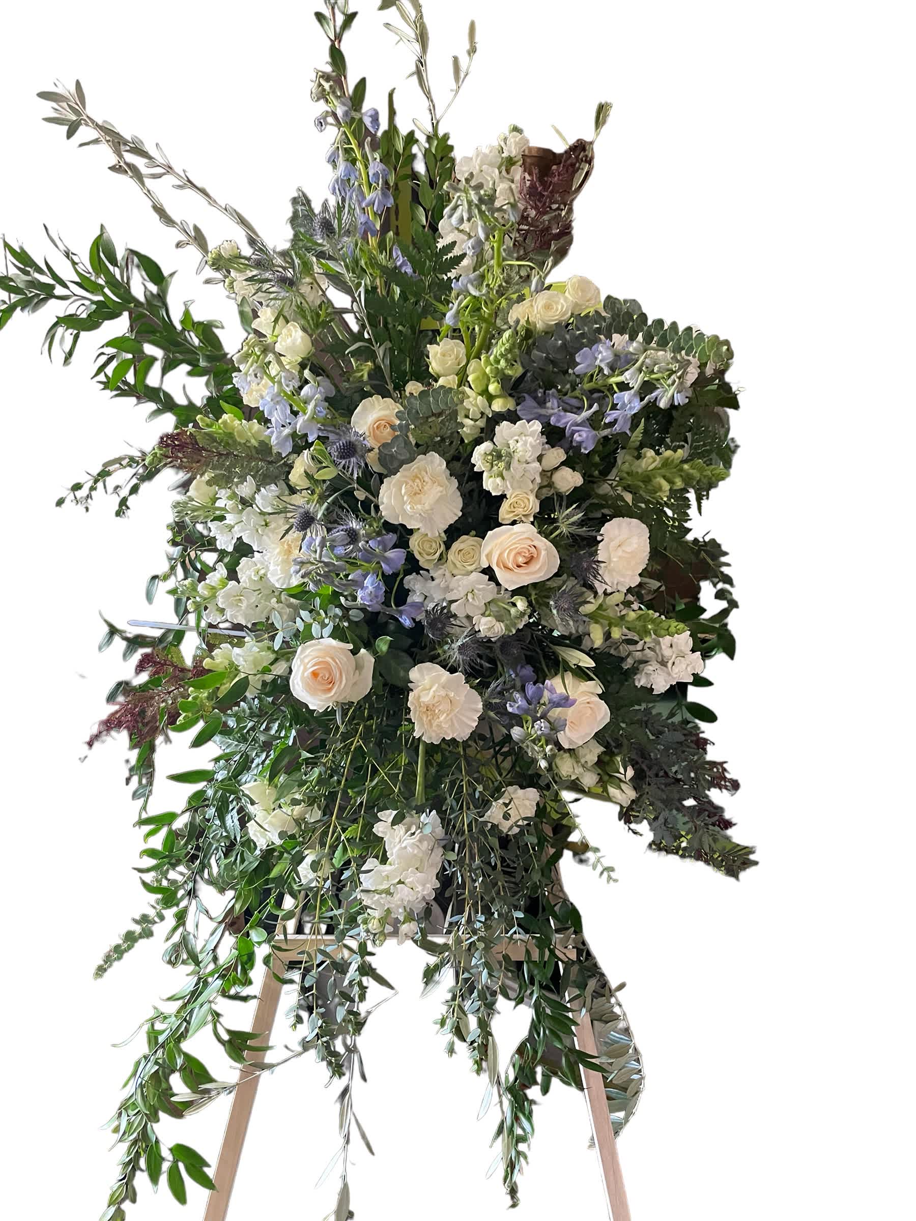 White and Blue Funeral Spray - Elegant with a hint of blue to offer tribute