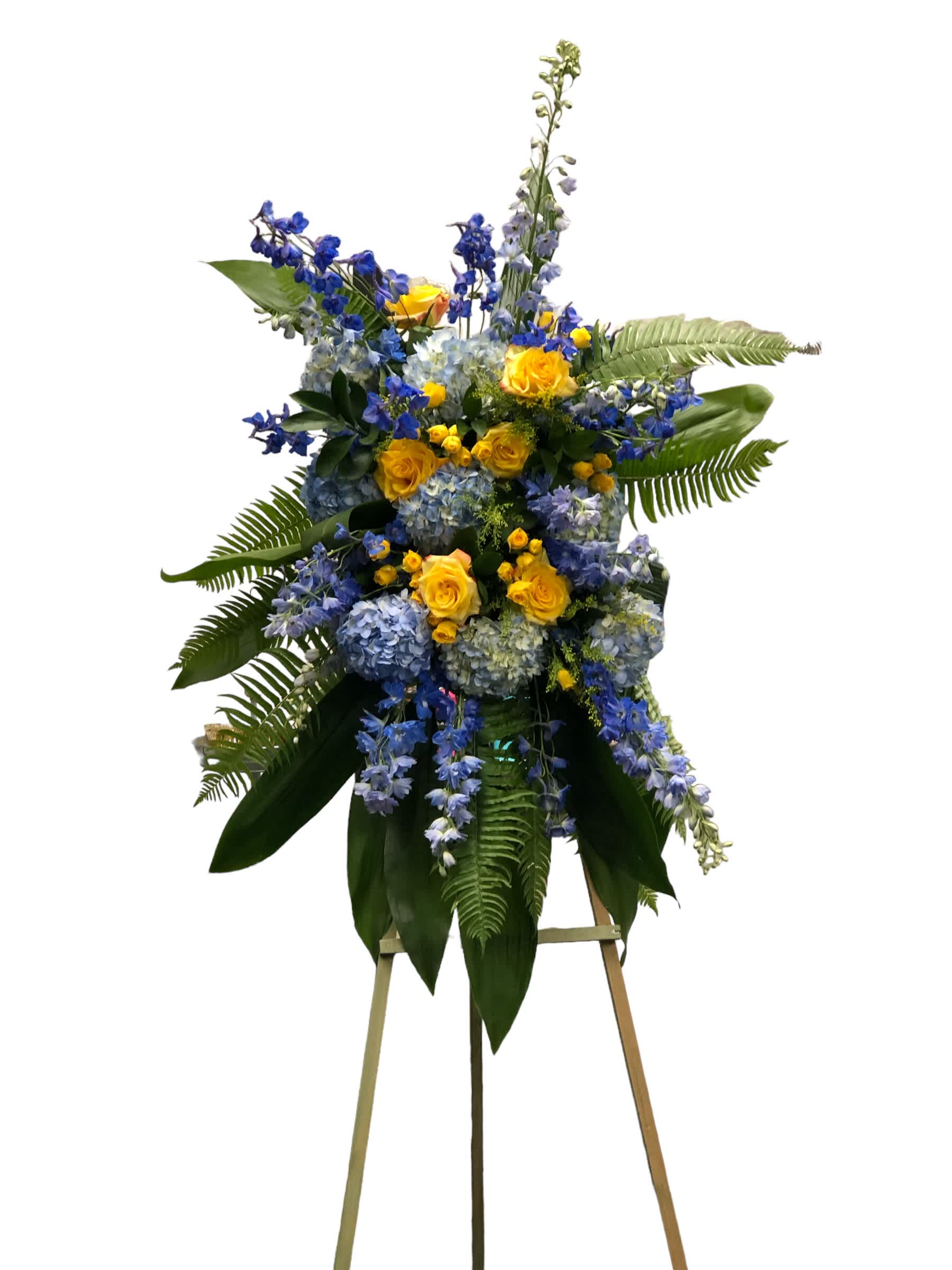 Blue Tribute - blue and yellow funeral  spray