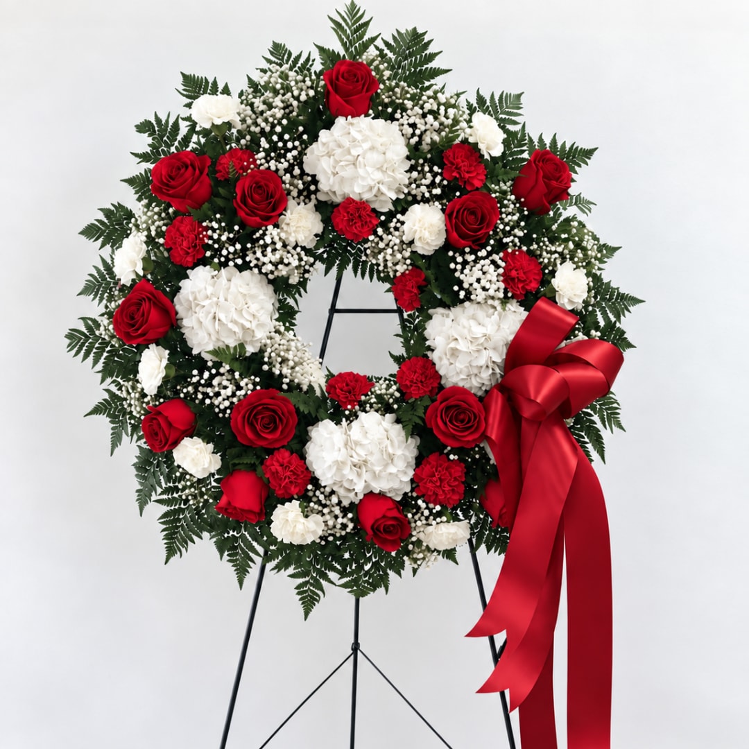Red and white floral wreath with a red ribbon on a stand