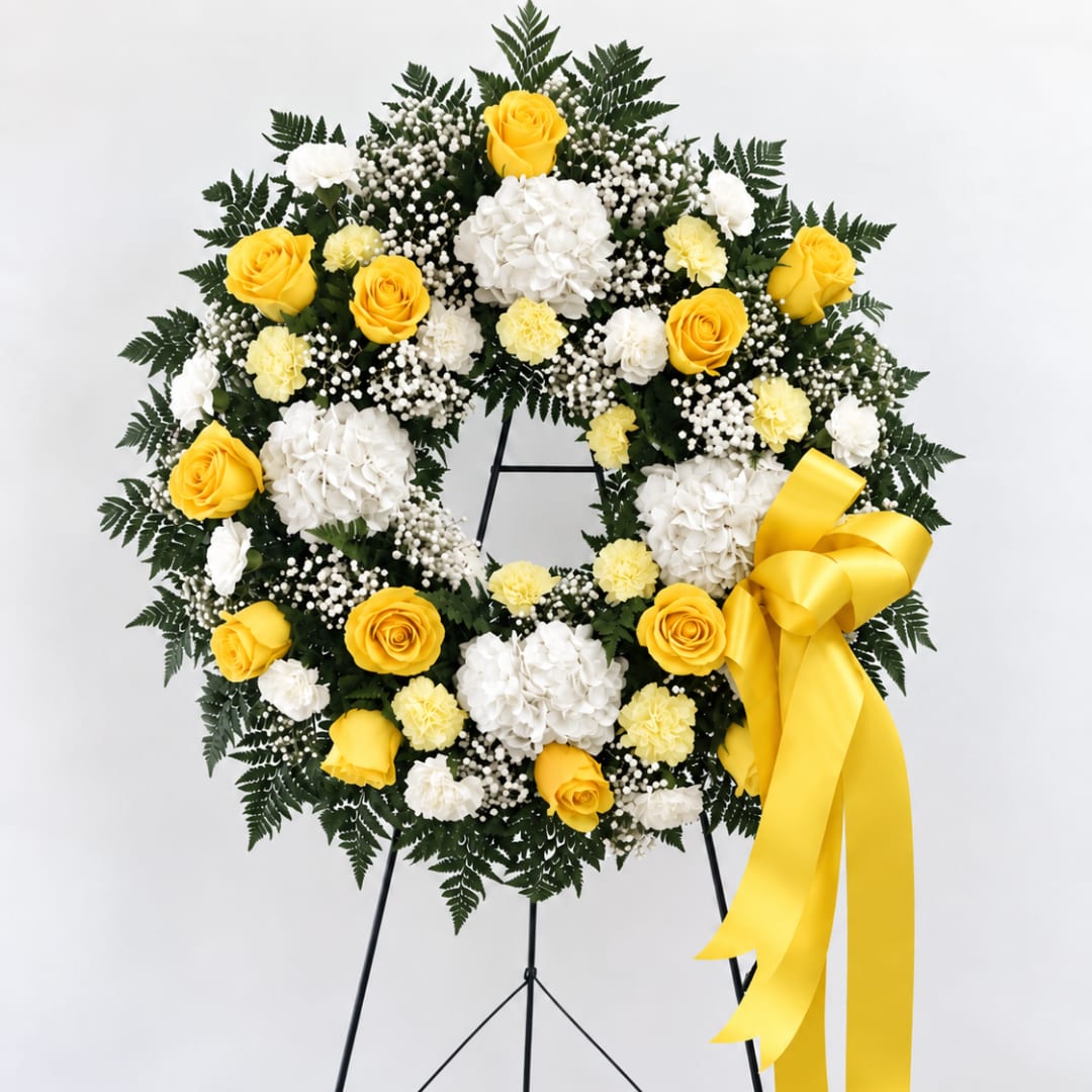 Yellow and white floral wreath on a stand with a yellow ribbon
