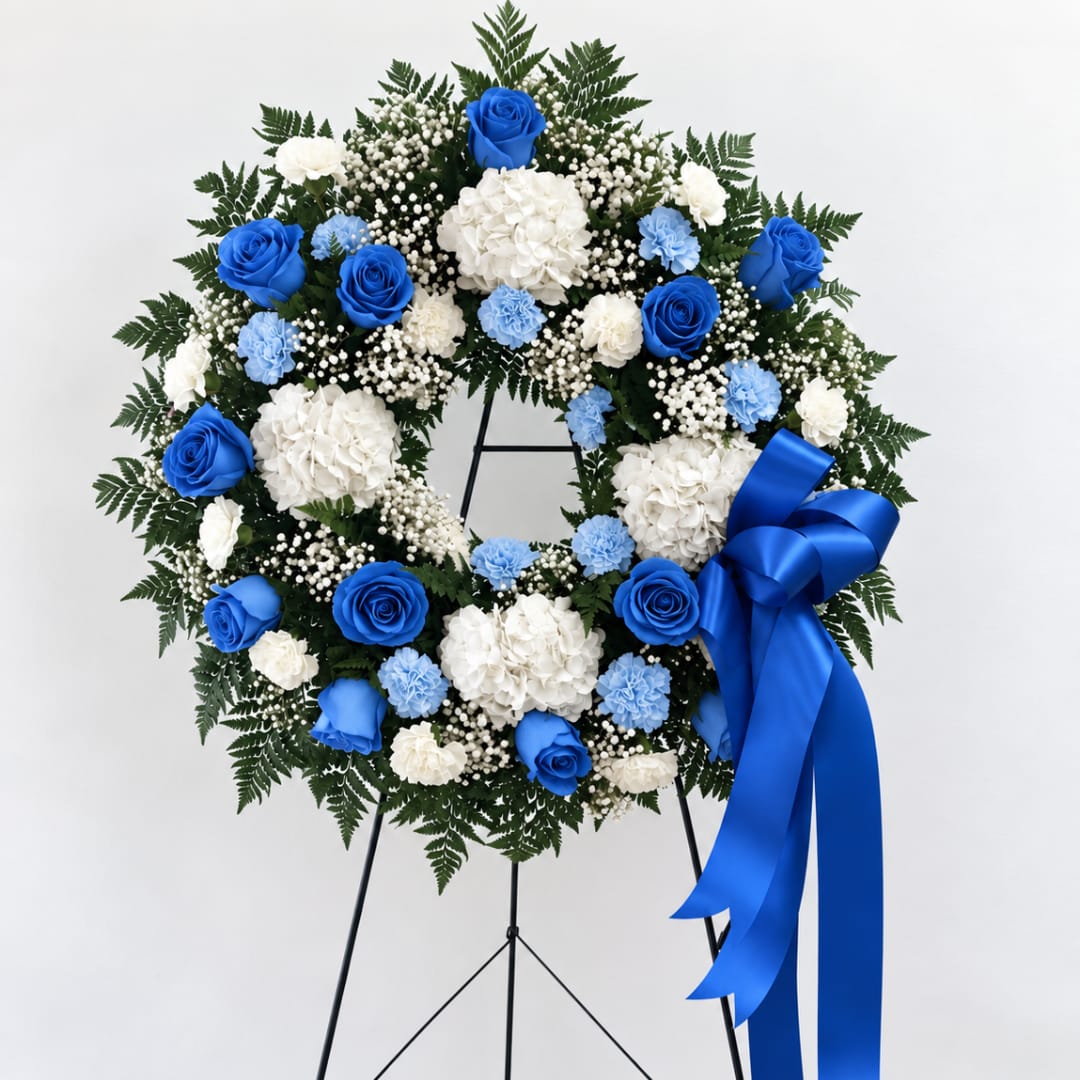 Blue and white floral wreath on a stand with a large blue ribbon