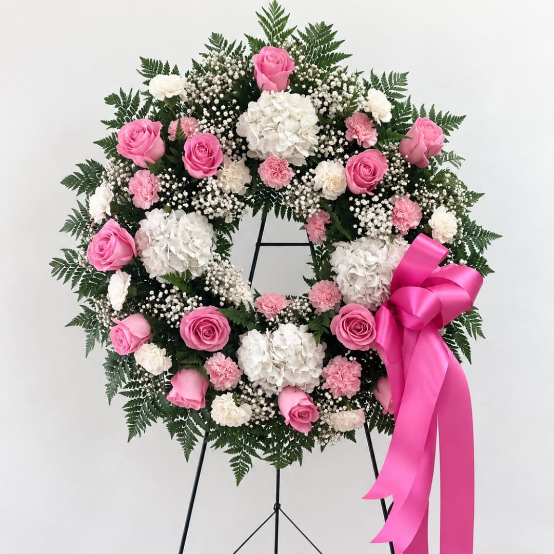 Pink and white floral wreath on a stand with a bright pink ribbon