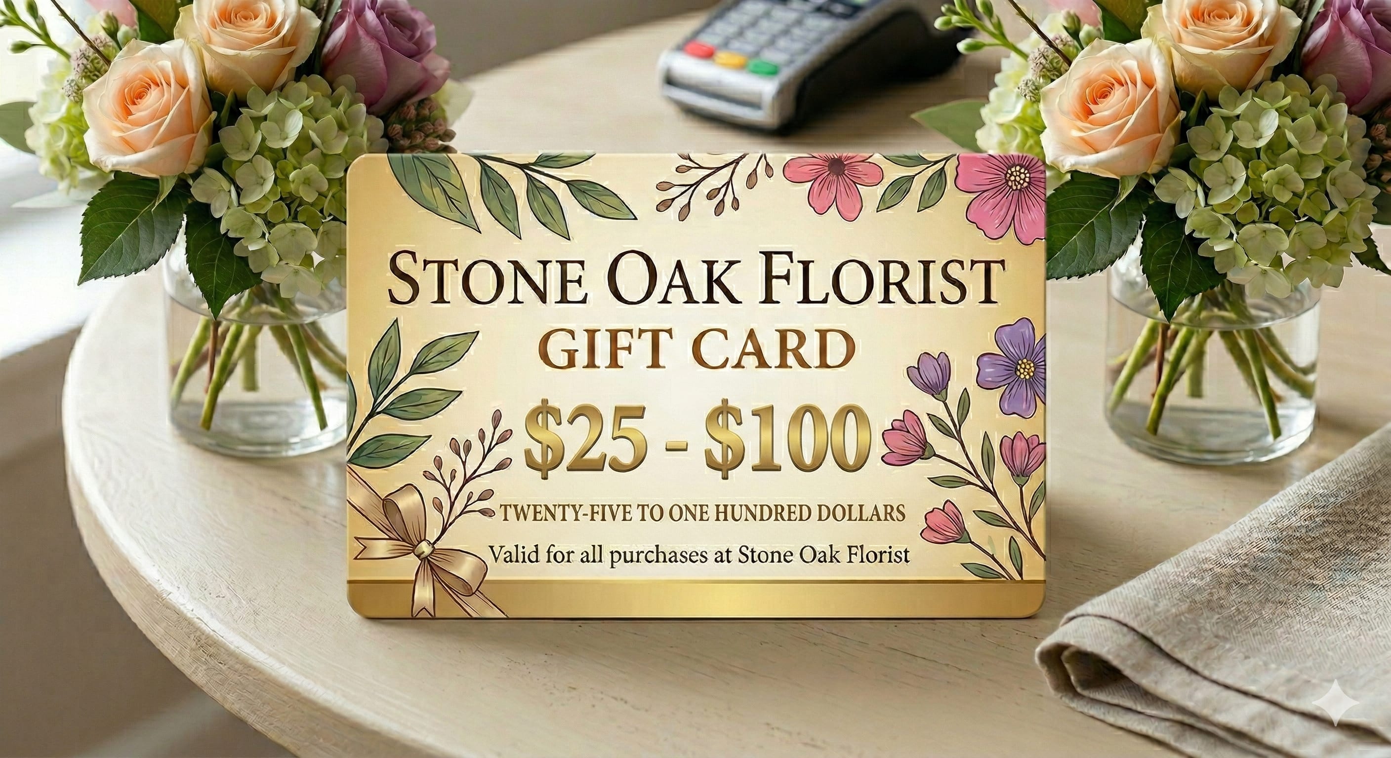 Stone Oak Florist gift card on a table between two peach rose and hydrangea arrangements in glass vases