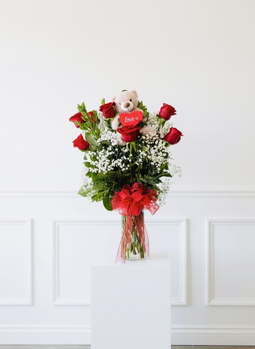 Red roses in a glass vase with a teddy bear and heart topper