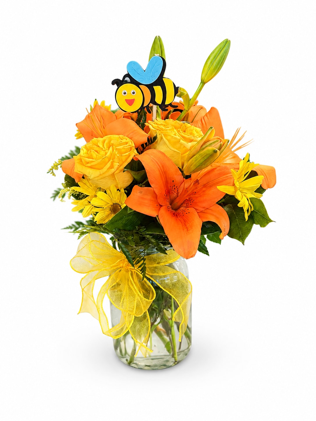 Orange and yellow bouquet in a glass vase with a bee decoration