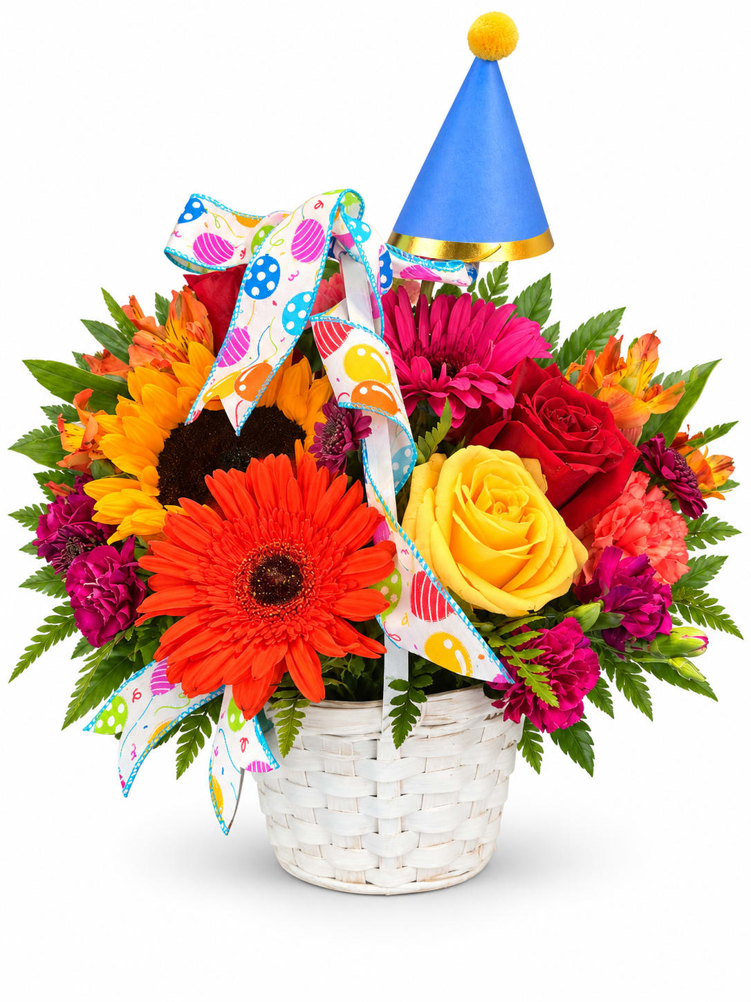 Colorful mixed flower basket with a party hat and ribbon
