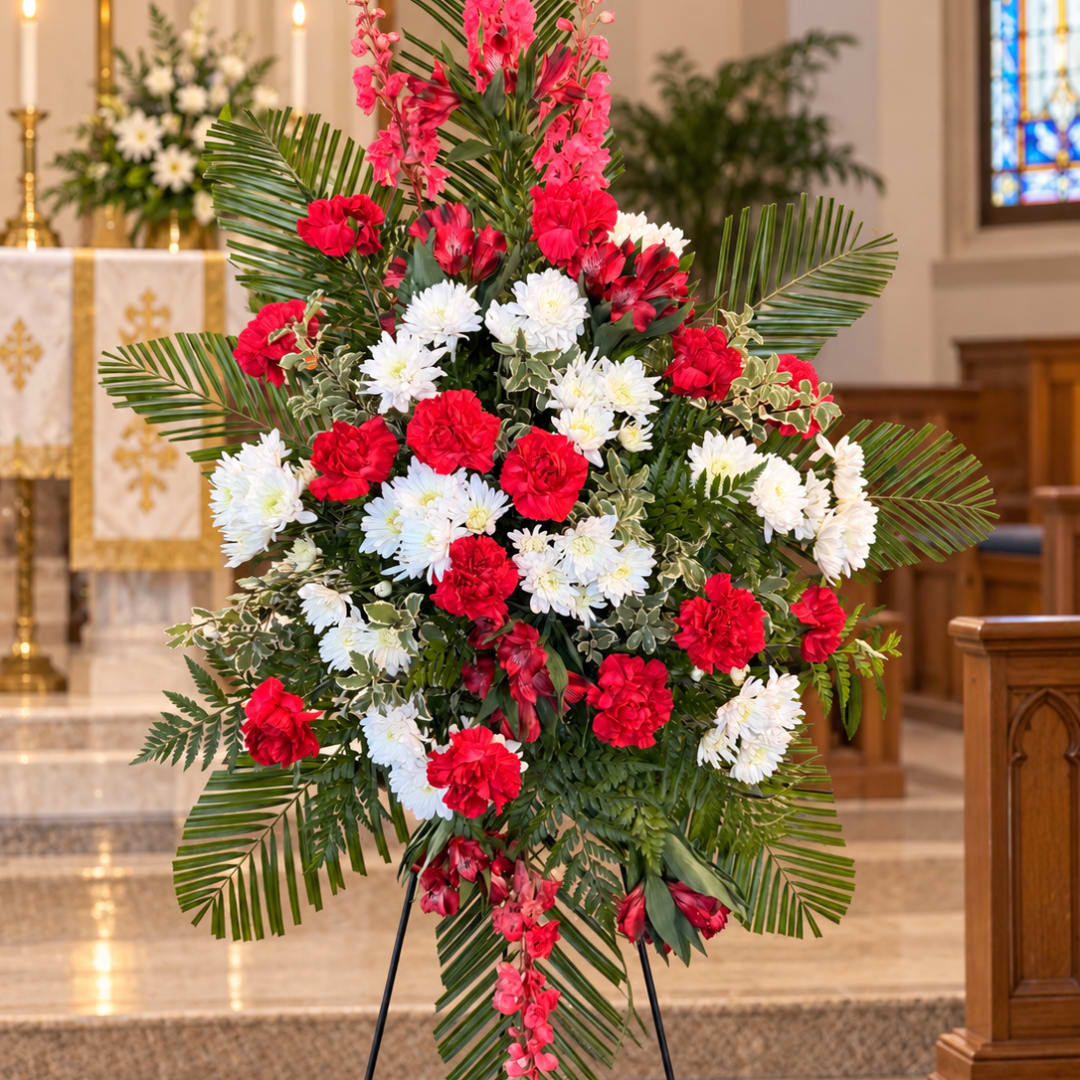 Large red and white floral standing arrangement on an easel in a church