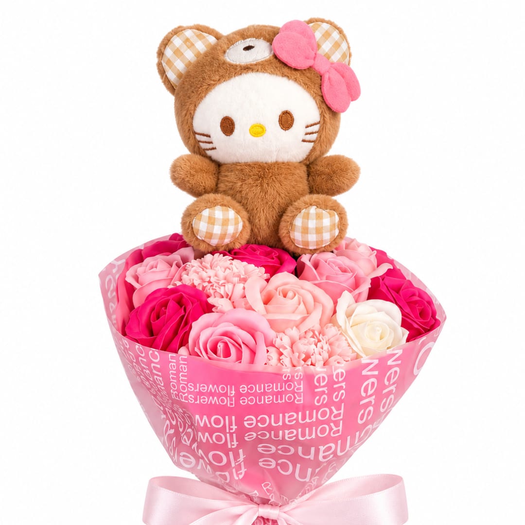 Plush bear sitting on a bouquet of pink and white roses