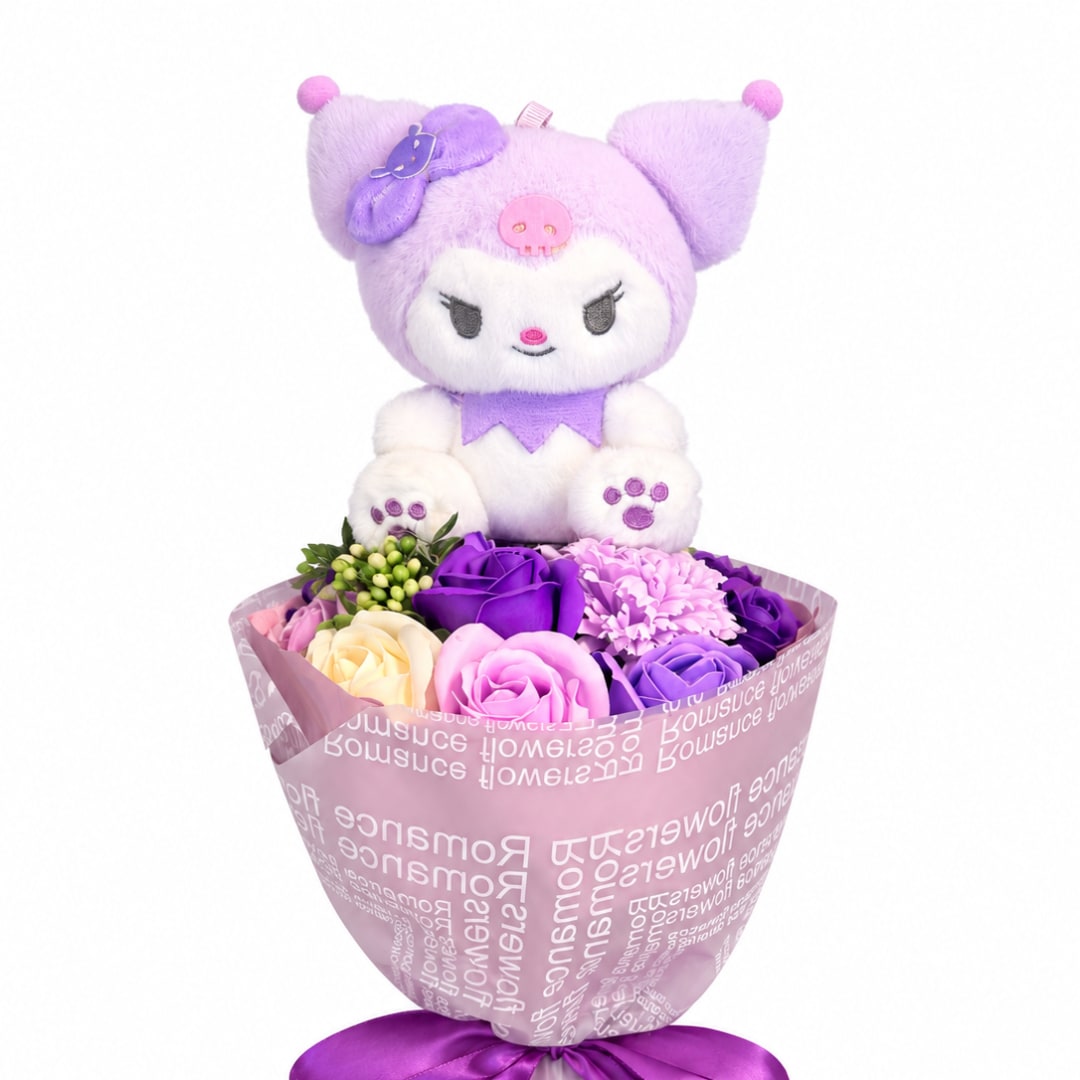 Purple plush cat topper above a bouquet of roses in pink and purple wrapping