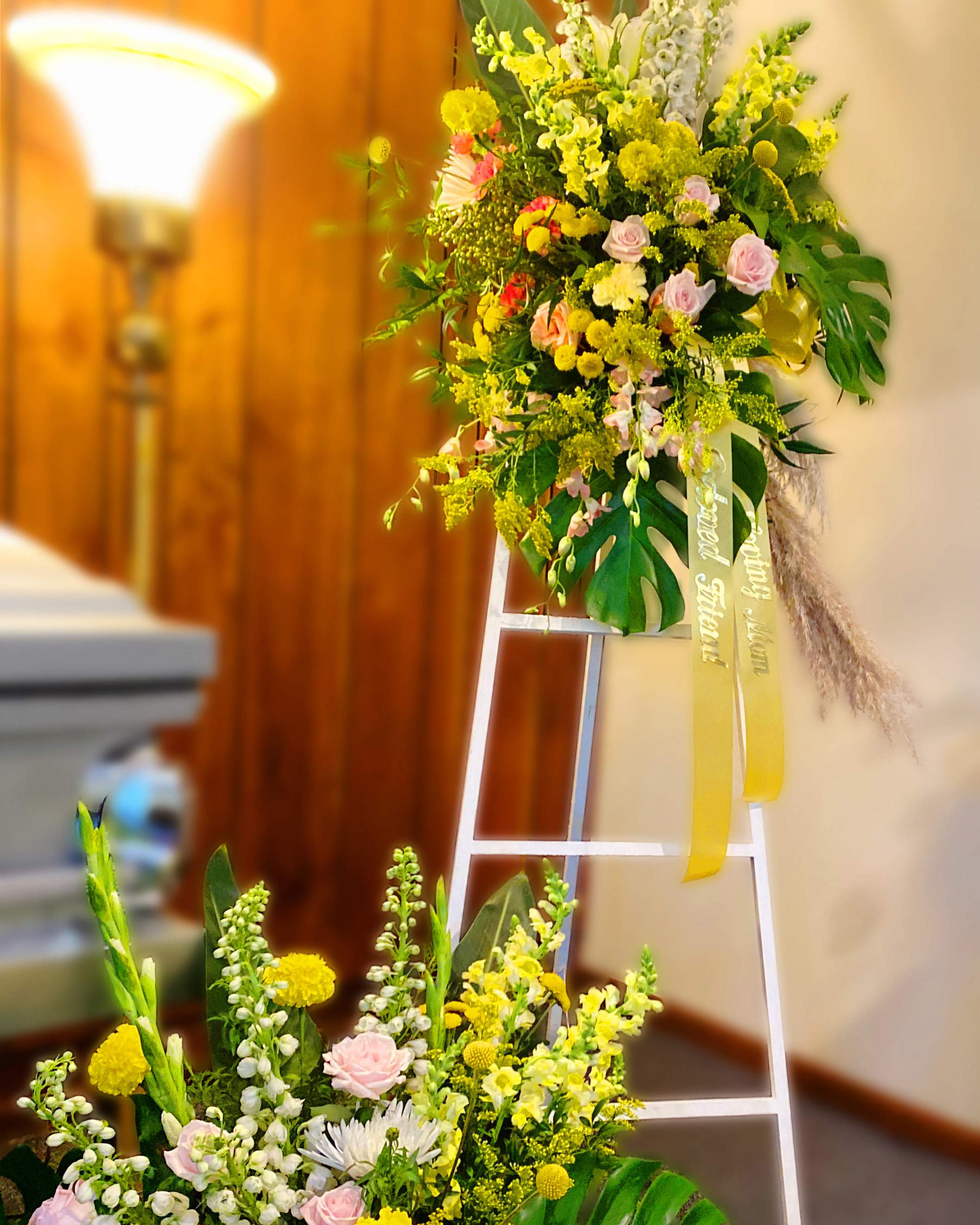 You were my yellow funeral set - You Are My Yellow is saying is a 3 piece set of funeral arrangements. Including casket spray, standing spray and wreath on easel.. 