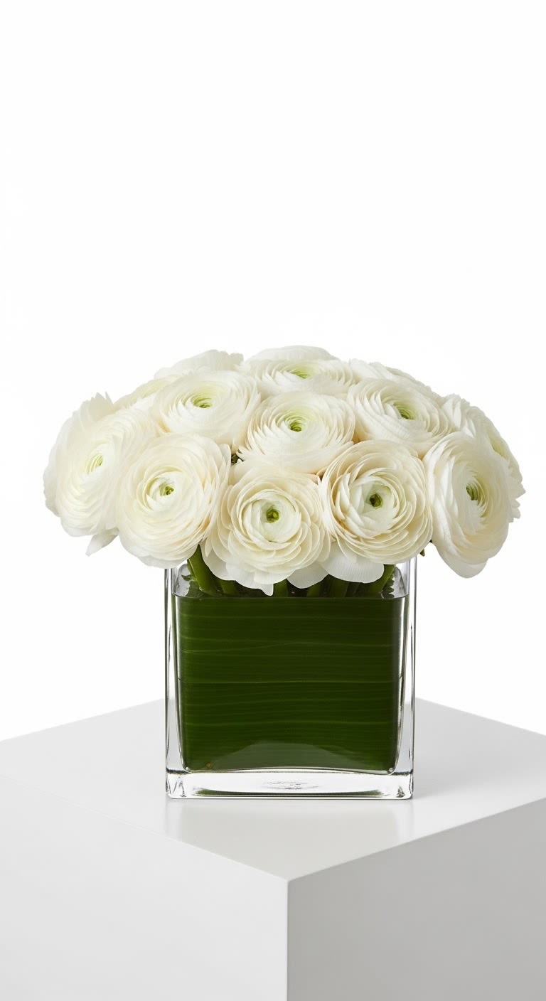 Ranunculus  - All one color ranunculus in a clear ti leaf lined cube. You can choose a specific color and we will call if the choice is unavailable. 